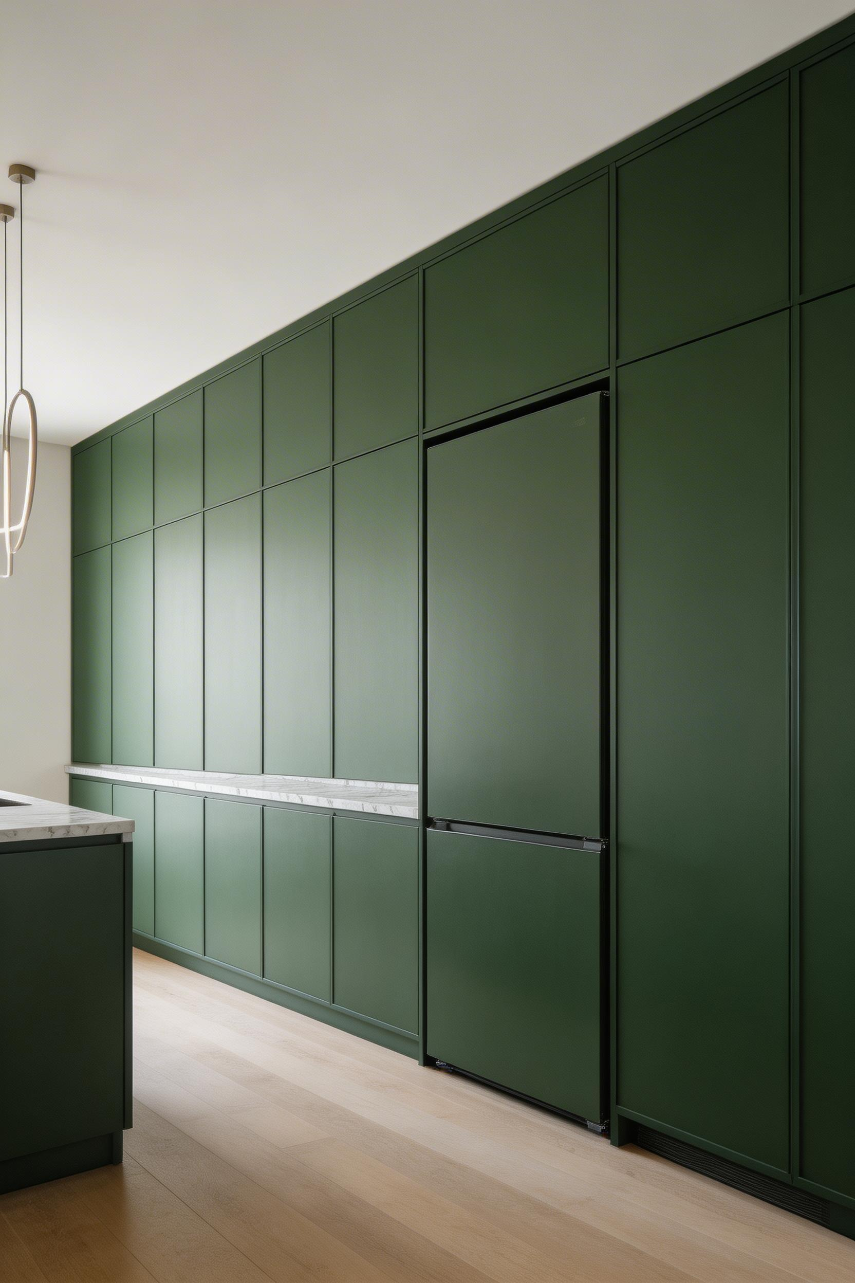 Floor-to-ceiling slab-front custom cabinetry in deep forest green defines the architectural scale of this luxurious kitchen design.