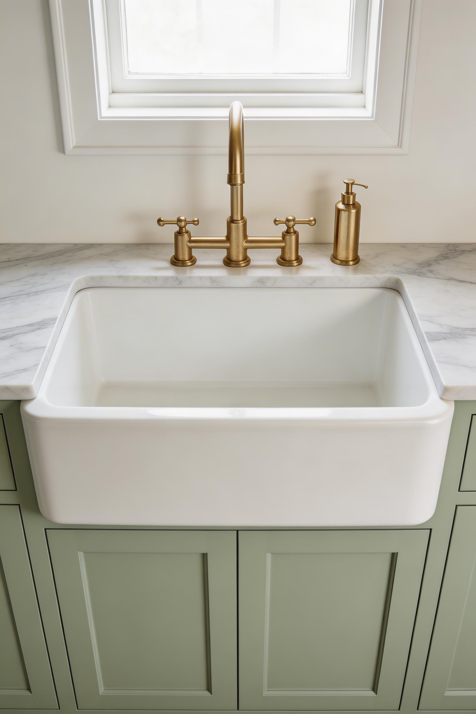 An oversized white fireclay apron-front sink with an unlacquered brass bridge faucet brings generous warmth and historical character to a luxurious kitchen design.