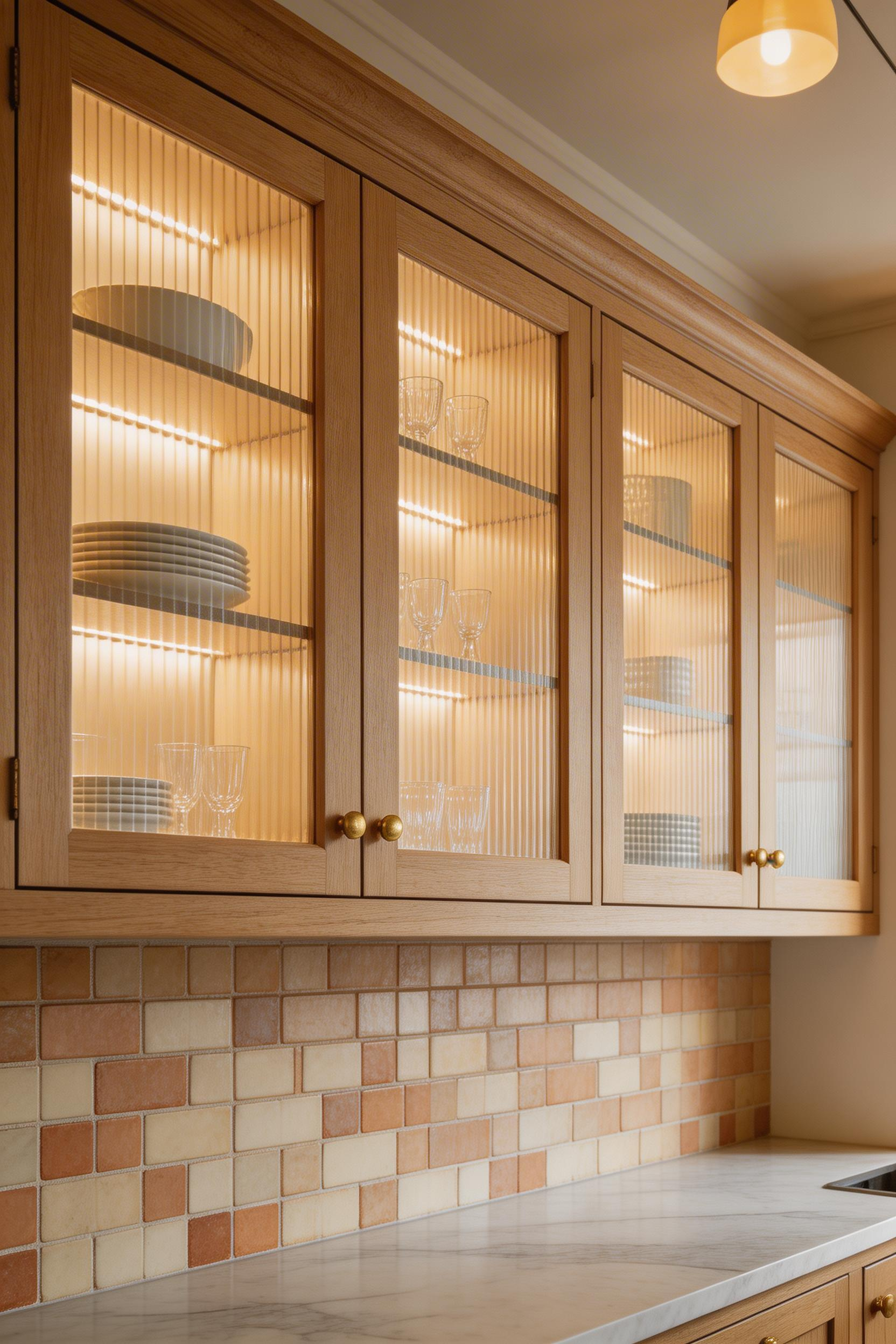 Fluted glass cabinet doors with warm oak frames and brass hardware create understated textural drama in a luxurious kitchen design.