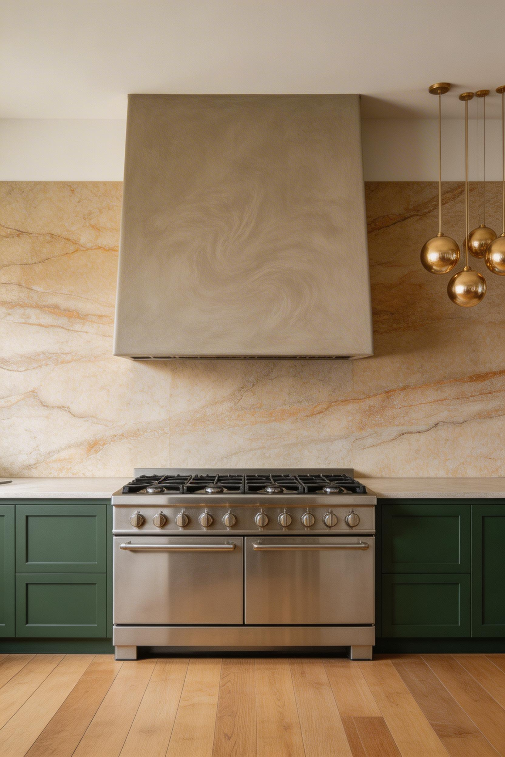 A custom Venetian plaster range hood in warm greige defines the architectural heart of this luxurious kitchen design, its hand-applied surface reading as sculpture.