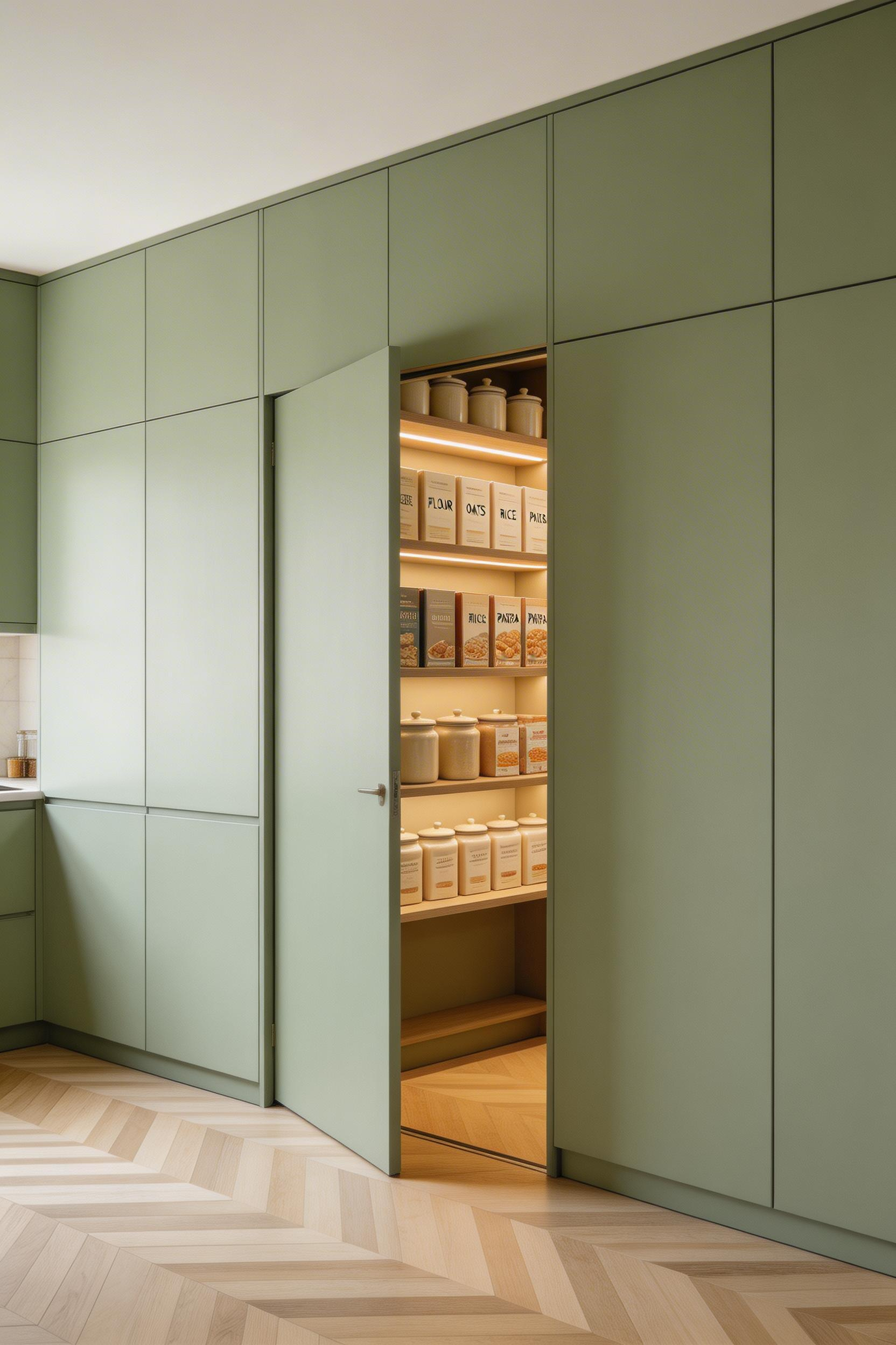 A hidden walk-in pantry behind flush-mounted cabinet doors keeps the luxurious kitchen design clutter-free while concealing generous organised storage.