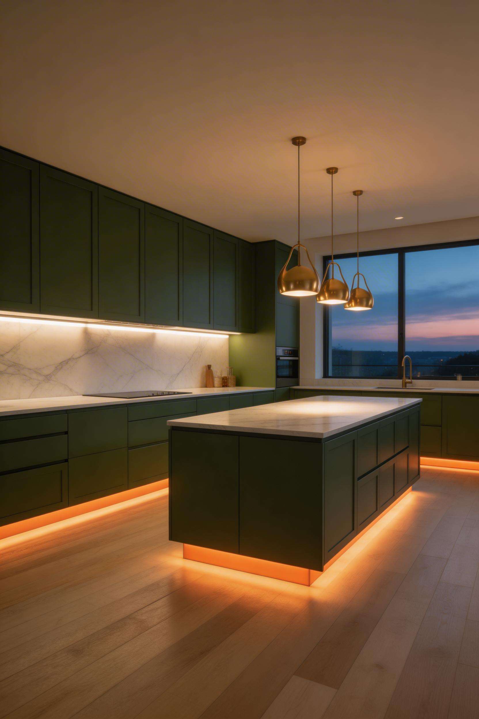 Layered concealed LED lighting — under-cabinet task strips, toe-kick ambient glow, and dimmable pendants — creates an effortlessly atmospheric luxurious kitchen design.