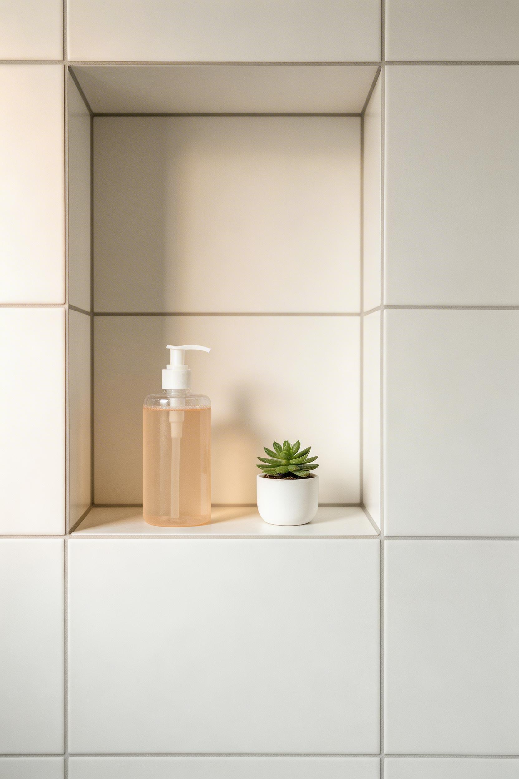 A recessed niche in a compact shower zone provides daily-use storage without projecting into the room at all.