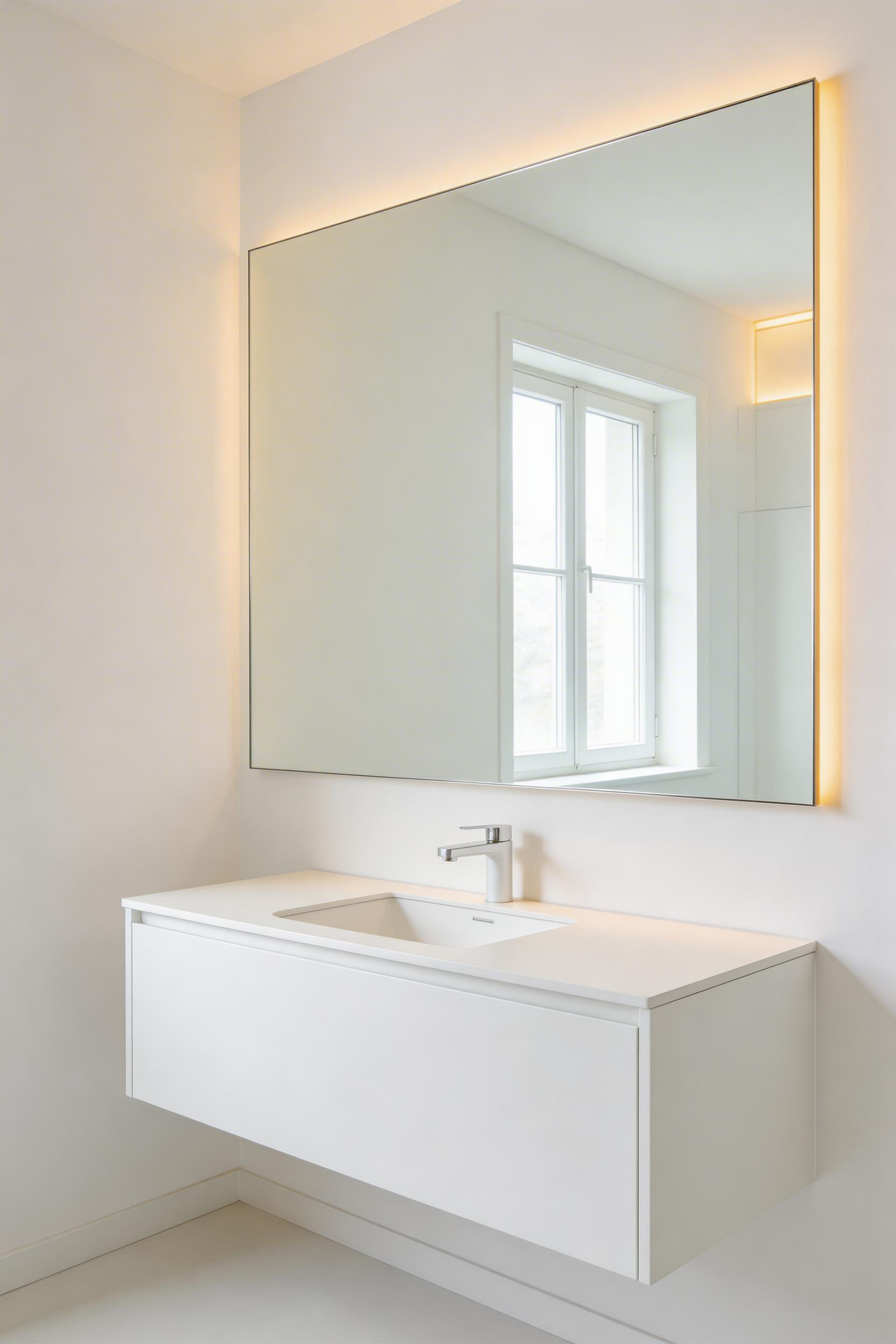A full-width mirror above a floating vanity is the single highest-impact change you can make to a bathroom design small in depth, multiplying both light and perceived space.