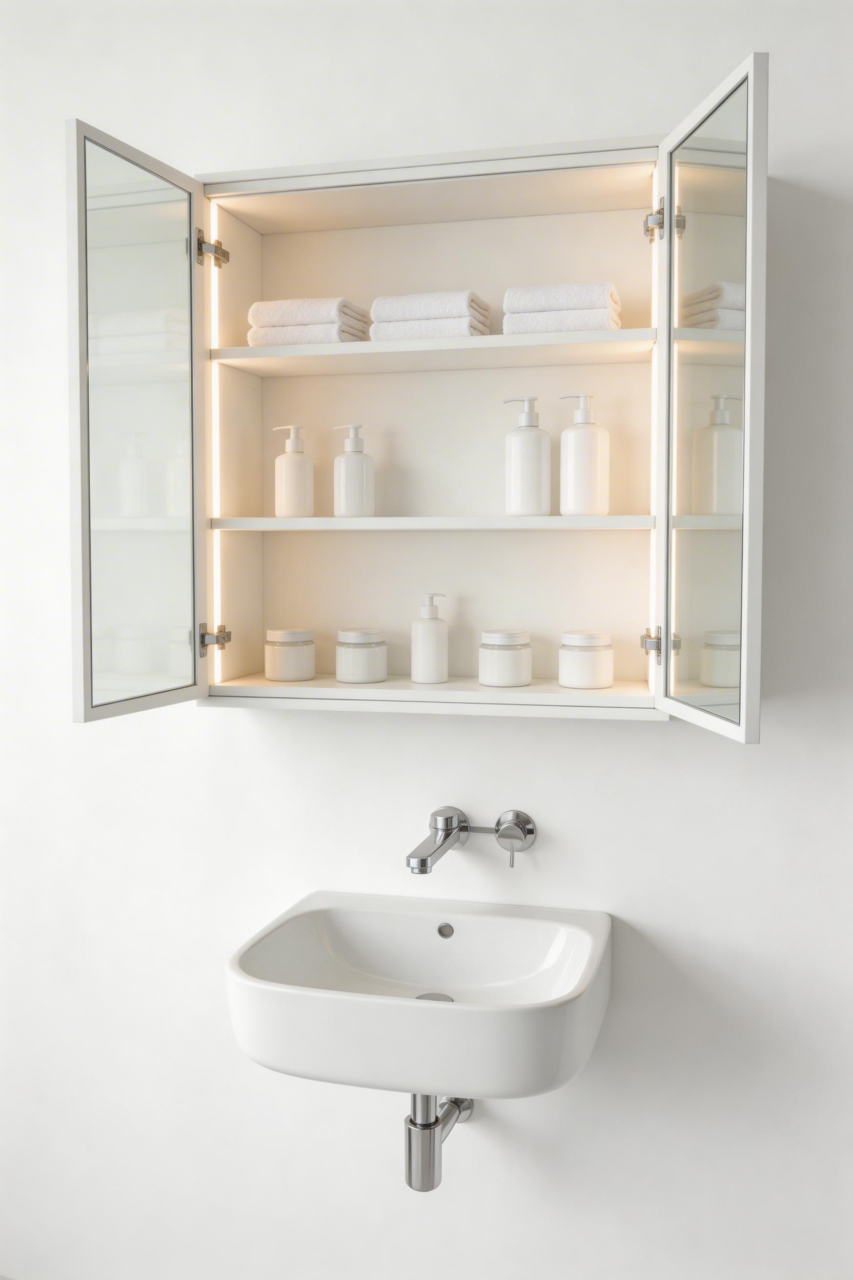 A mirrored cabinet in a compact bathroom renovation combines reflection, storage, and eye-level lighting in a single wall-mounted fitting.
