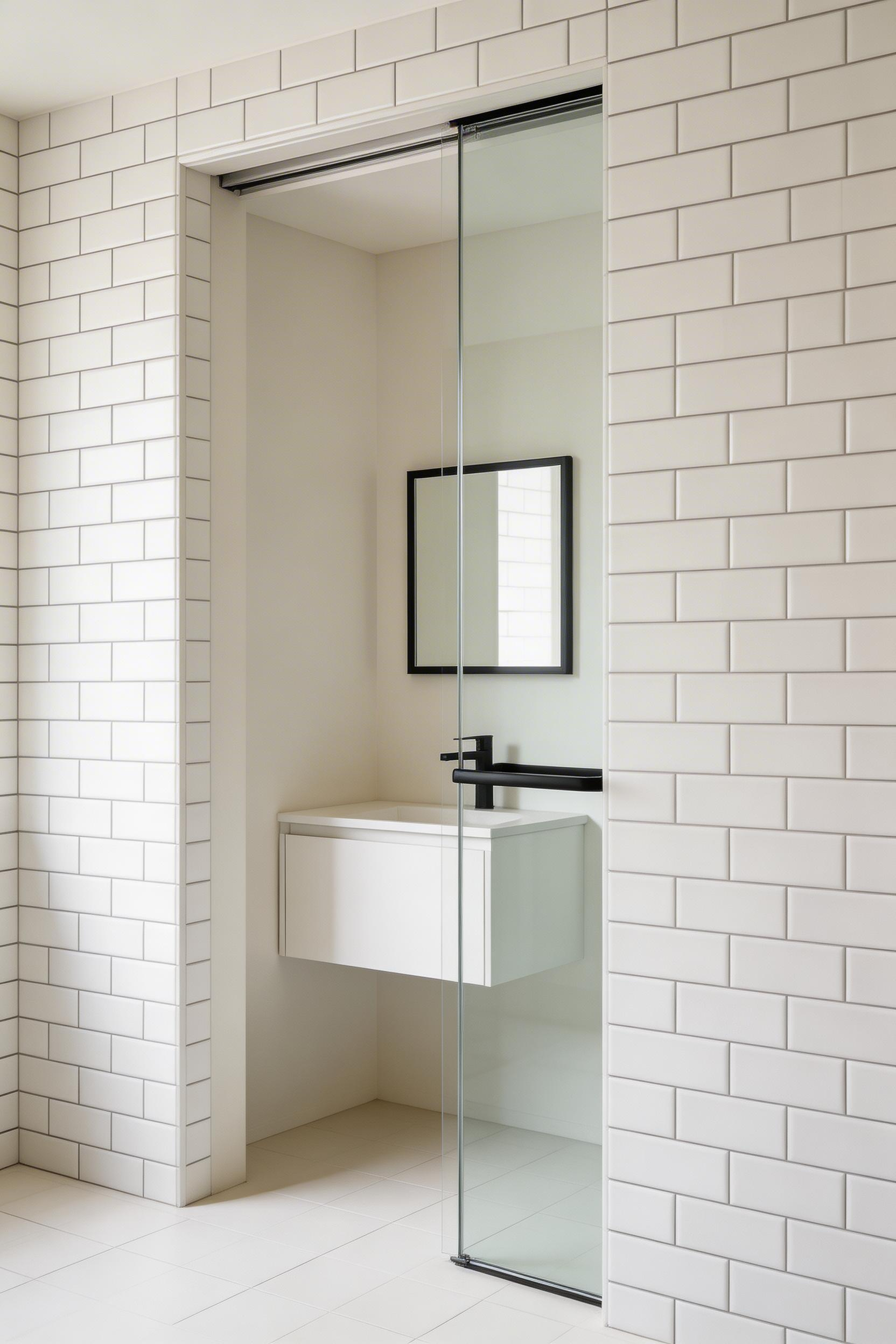 A pocket door in a bathroom design small enough to lose significant floor area to a standard swing door reclaims usable space with every use.