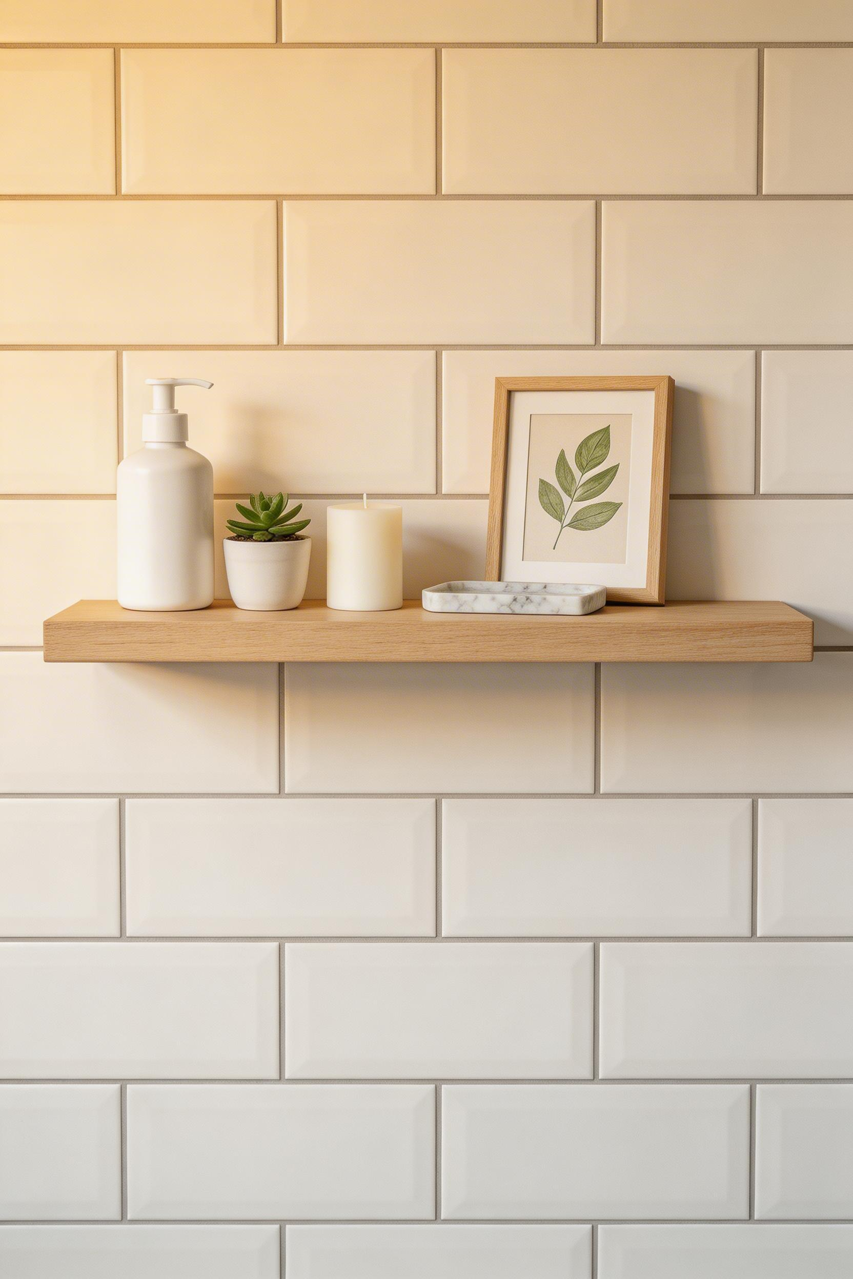 The rule of five — one soap dispenser, one plant, one candle, one tray, one decorative object — keeps a compact bathroom calm and composed.
