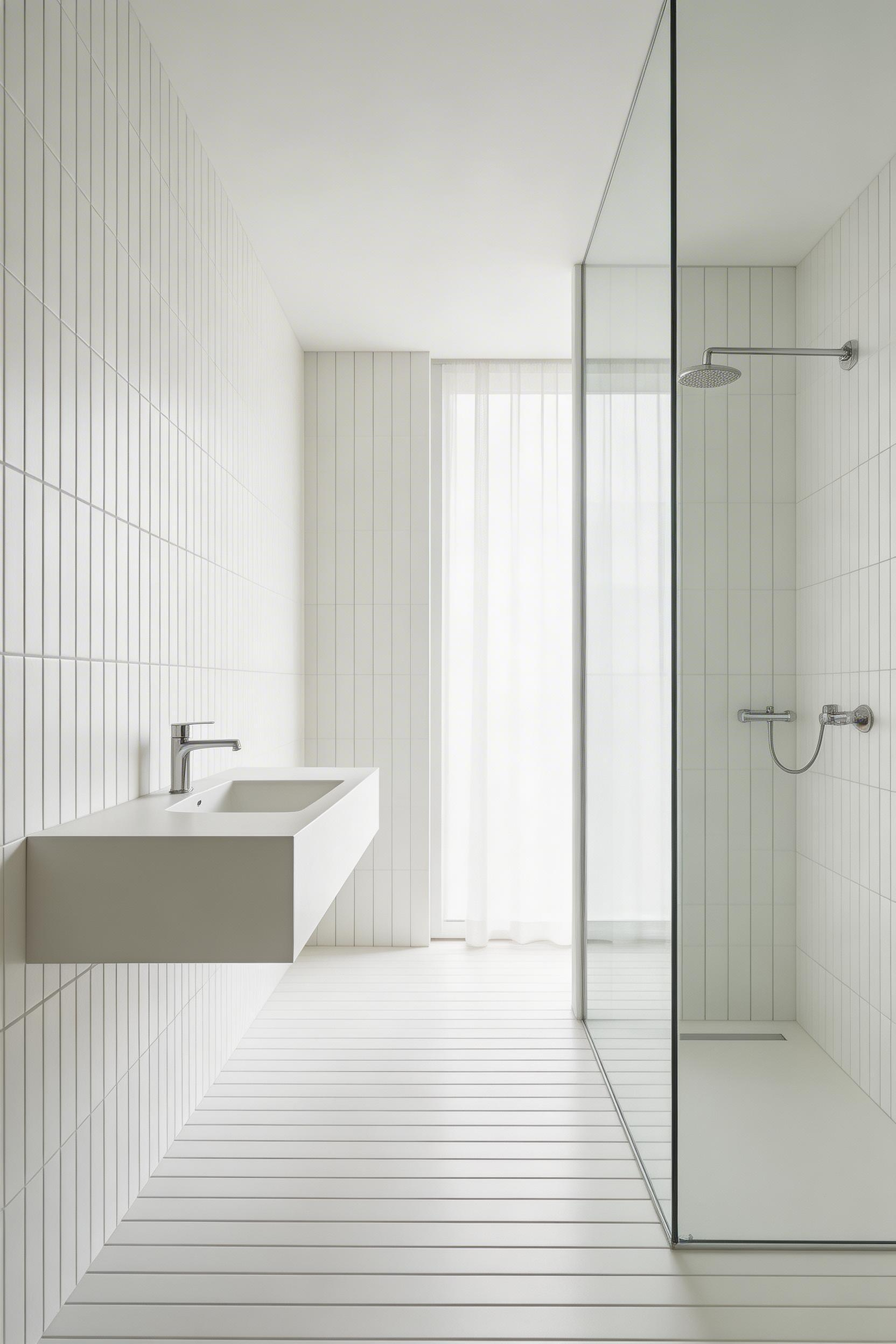 Floor-to-ceiling tiling in a vertical bond draws the eye upward and makes a compact space feel taller than it is.