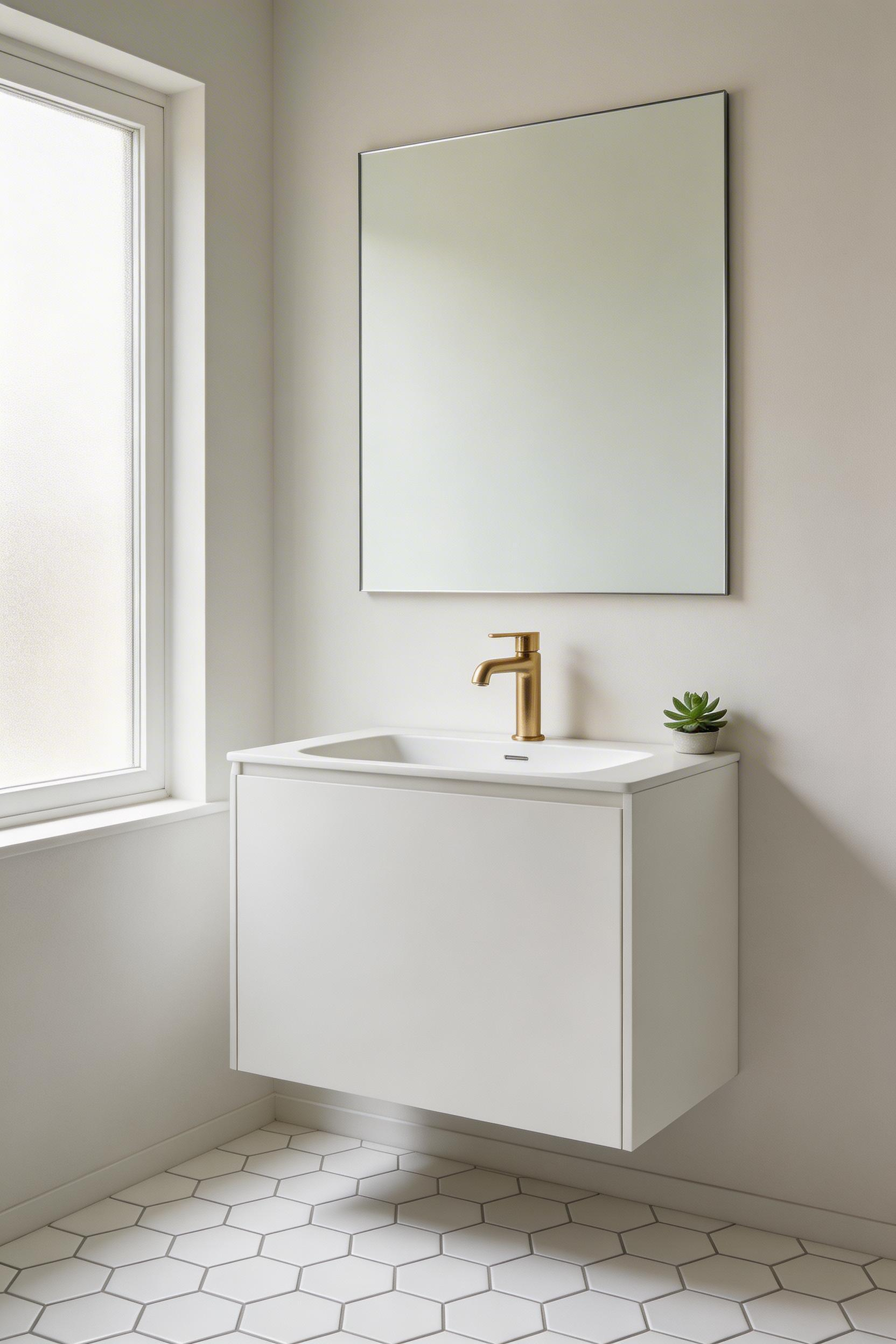 A wall-hung vanity in a small bathroom design creates the impression of more floor space by keeping the tile plane continuous beneath the unit.