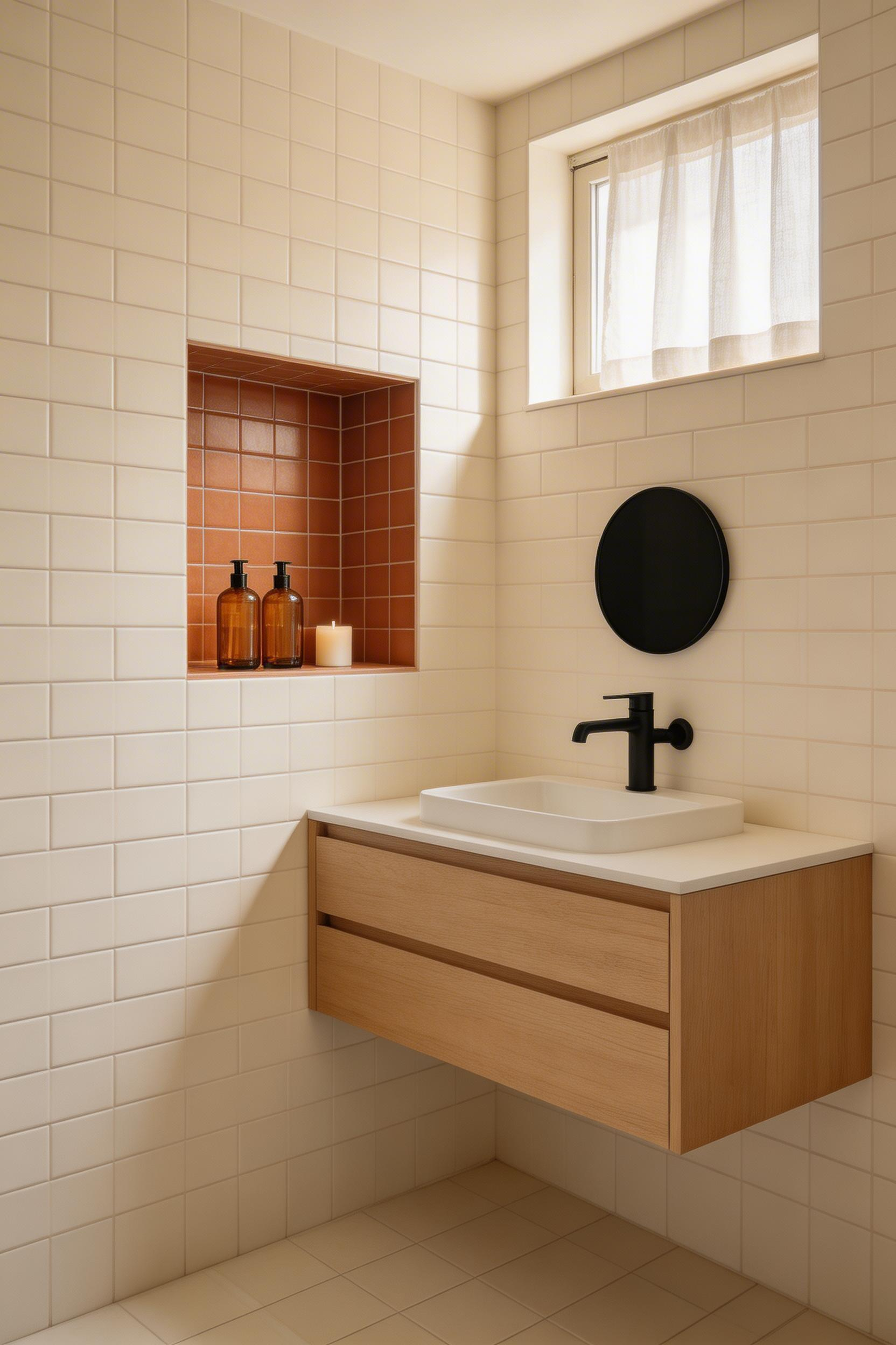 A light base colour with one bold accent — here, a terracotta niche — gives a compact bathroom visual interest without fragmenting the palette.