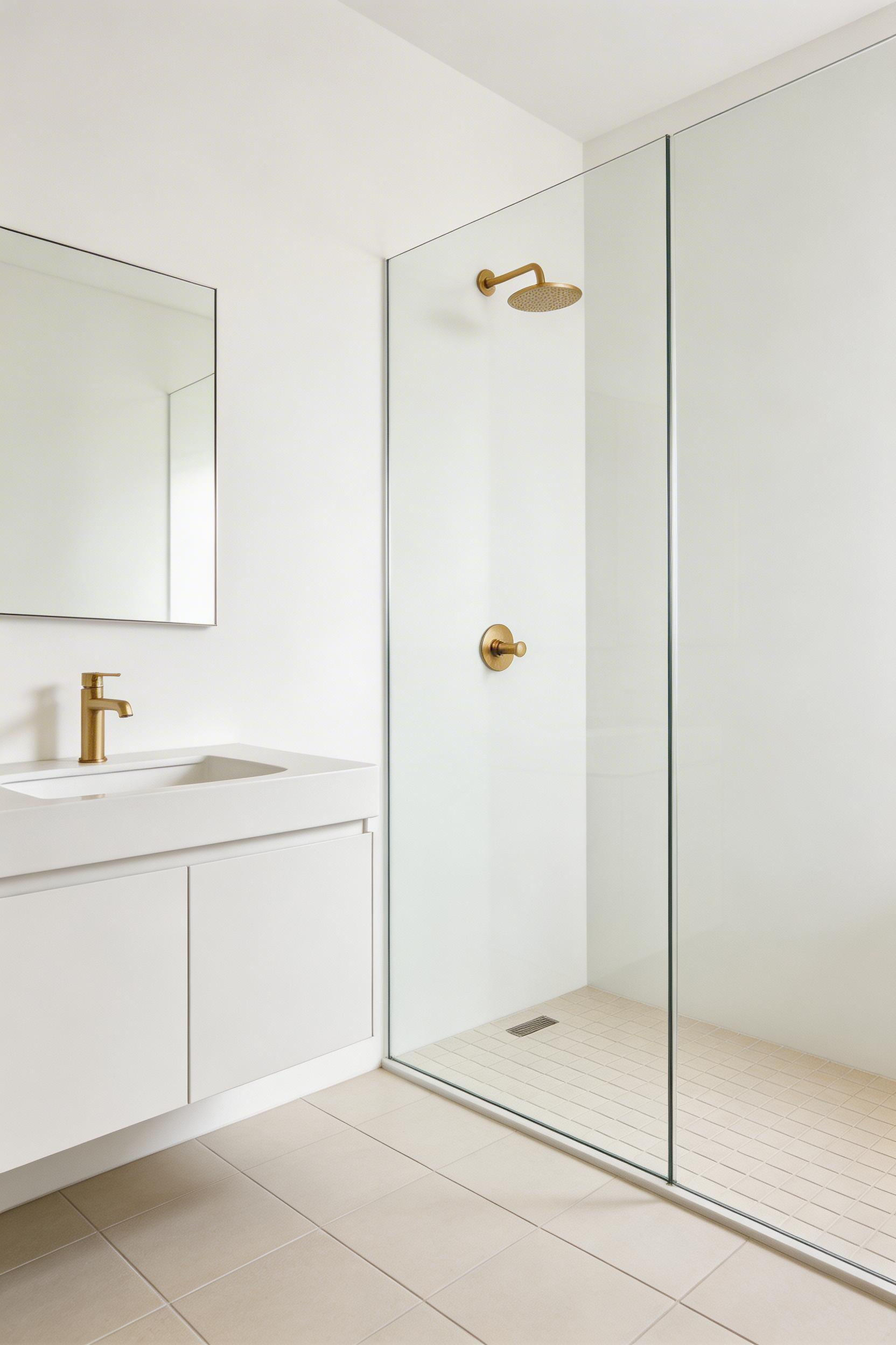 A frameless glass shower screen in a compact bathroom that needs every visual trick removes a solid barrier and lets light travel the full length of the room.
