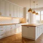 A Scandinavian-influenced kitchen showing the kitchen design tips in this article in practice — layered lighting, a single natural material anchor, continuous backsplash, and proportional island clearances creating a kitchen that works as well as it looks.