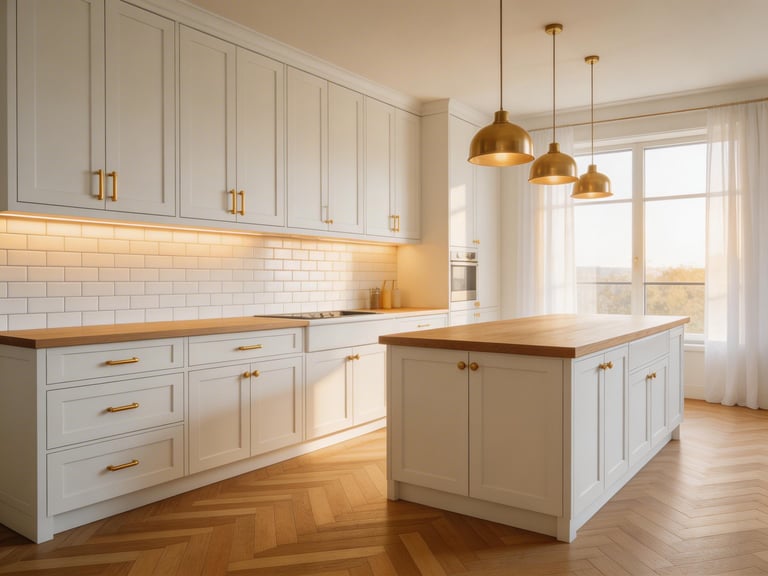 A Scandinavian-influenced kitchen showing the kitchen design tips in this article in practice — layered lighting, a single natural material anchor, continuous backsplash, and proportional island clearances creating a kitchen that works as well as it looks.