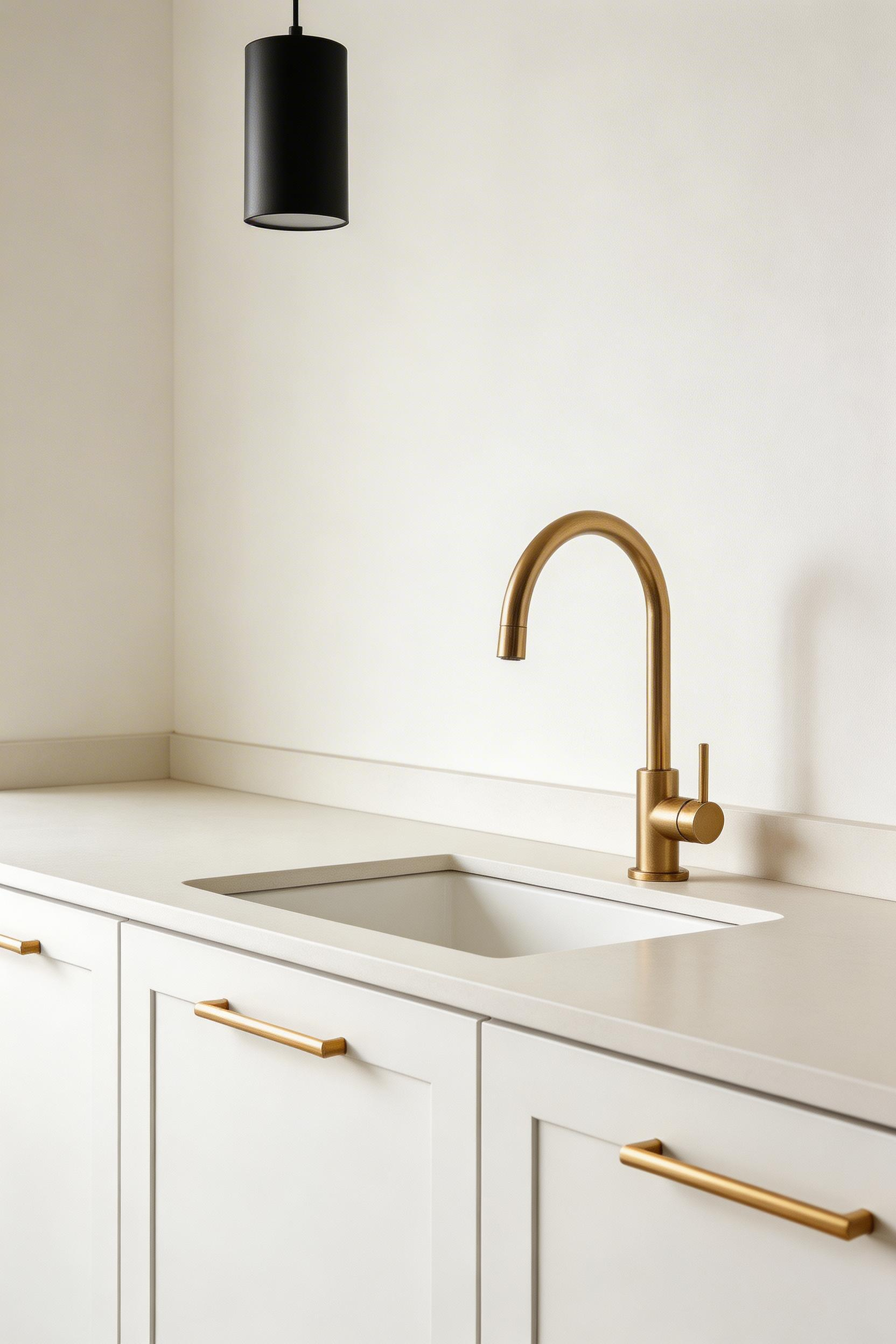 Limiting hardware finishes to two metals is one of the simplest kitchen design tips — here, brushed brass serves as the primary metal with matte black as the single accent.