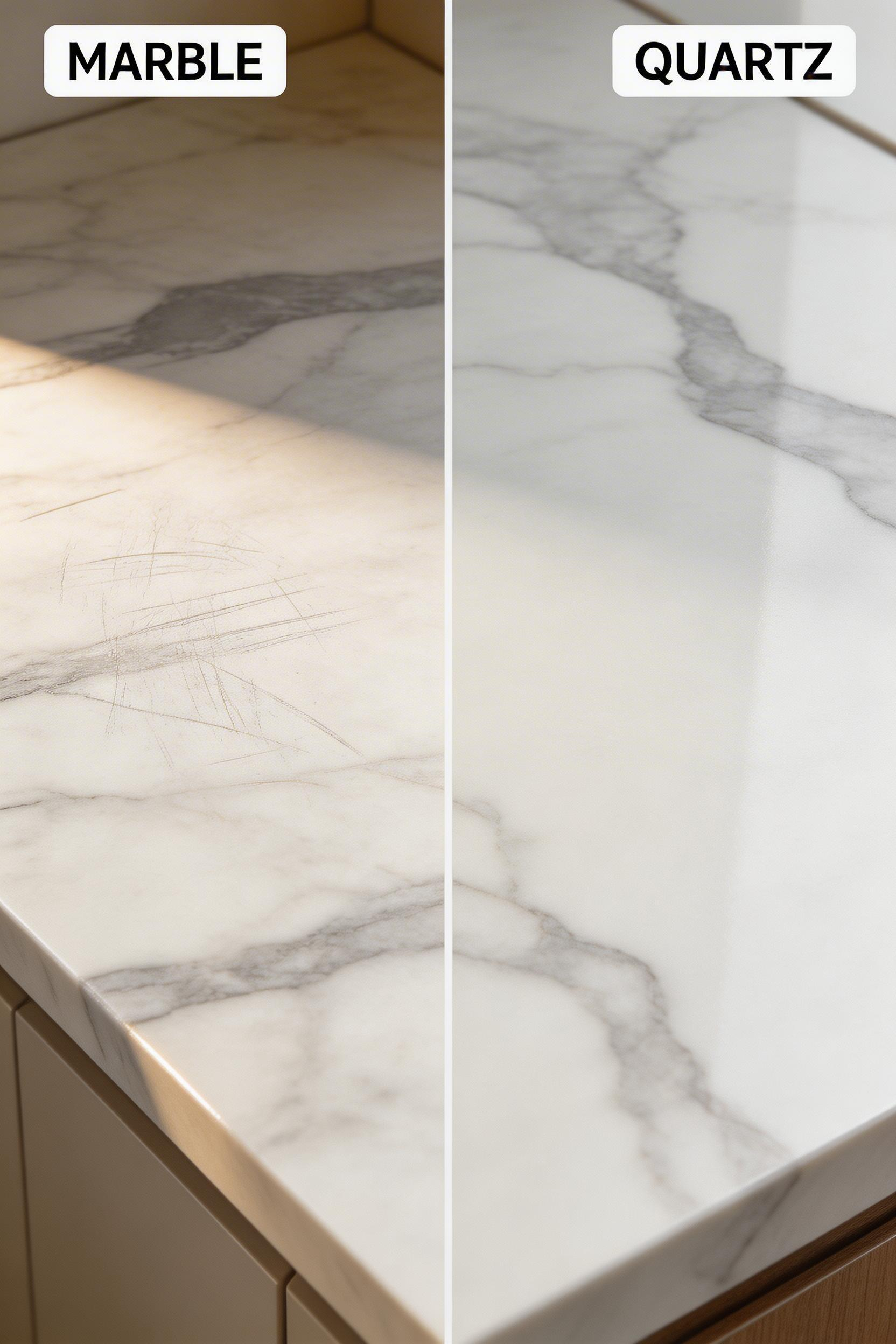 Understanding the real-world performance of countertop materials is one of the most practical kitchen design tips — quartz (right) mimics marble's look with far less maintenance.