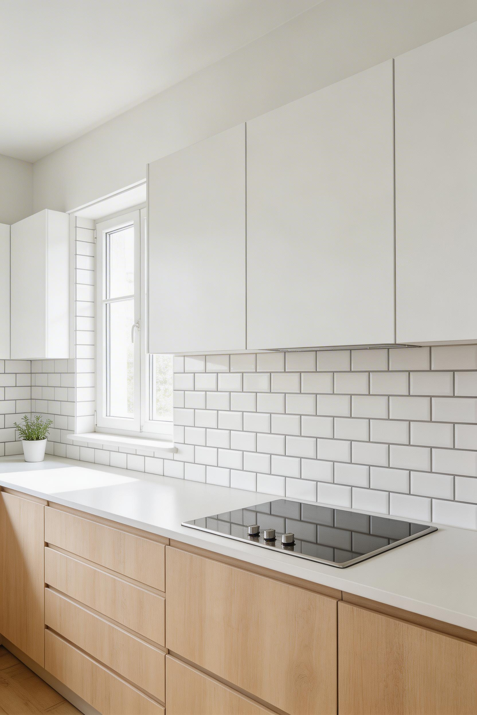 A continuous backsplash running behind all upper cabinets creates the visual calm that defines Nordic kitchen design — one of the kitchen design tips with the most impact per pound spent.