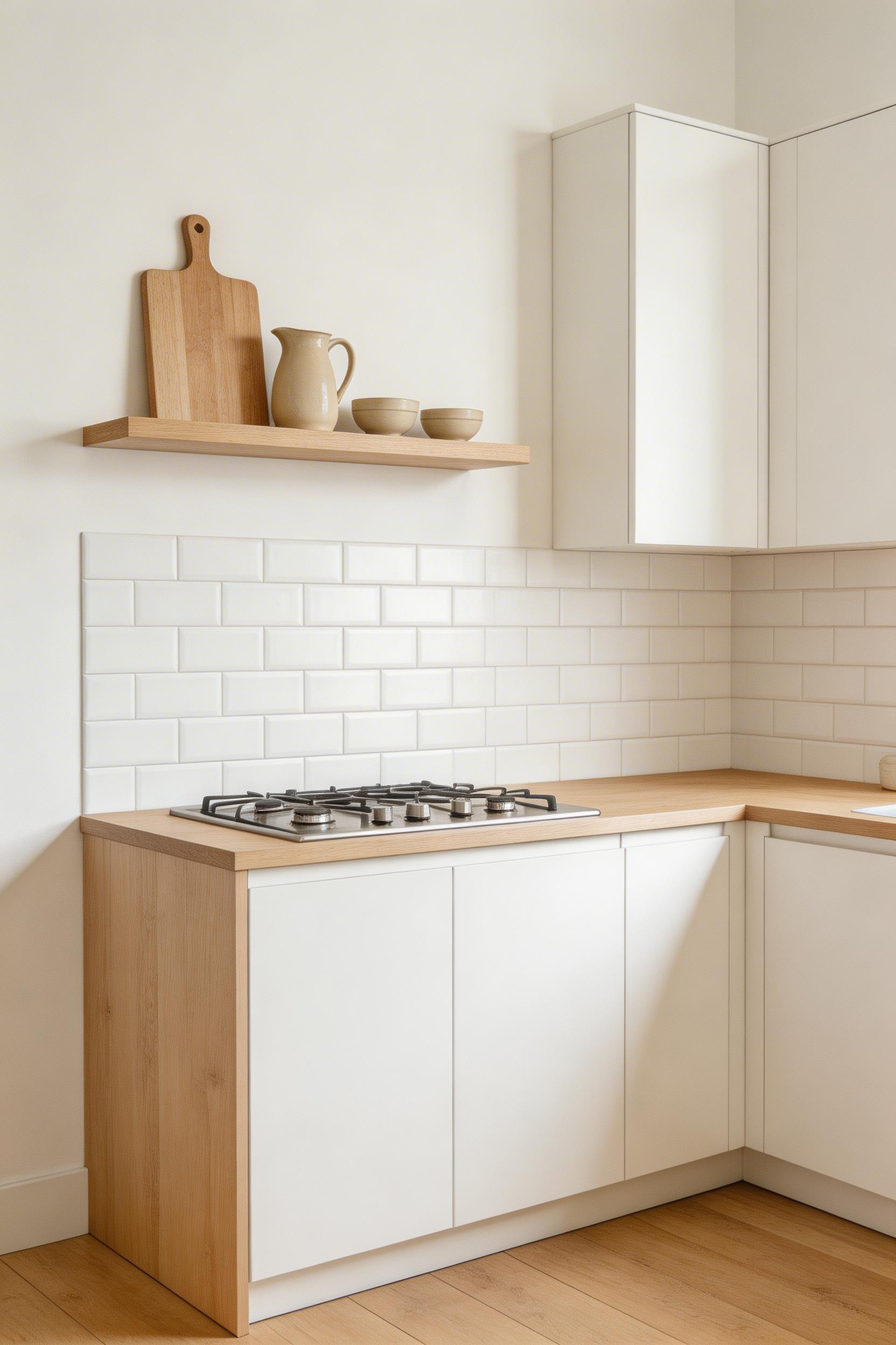 A single run of open shelving styled with discipline — the Nordic approach to open shelves as a feature, not a replacement for all upper cabinet storage.