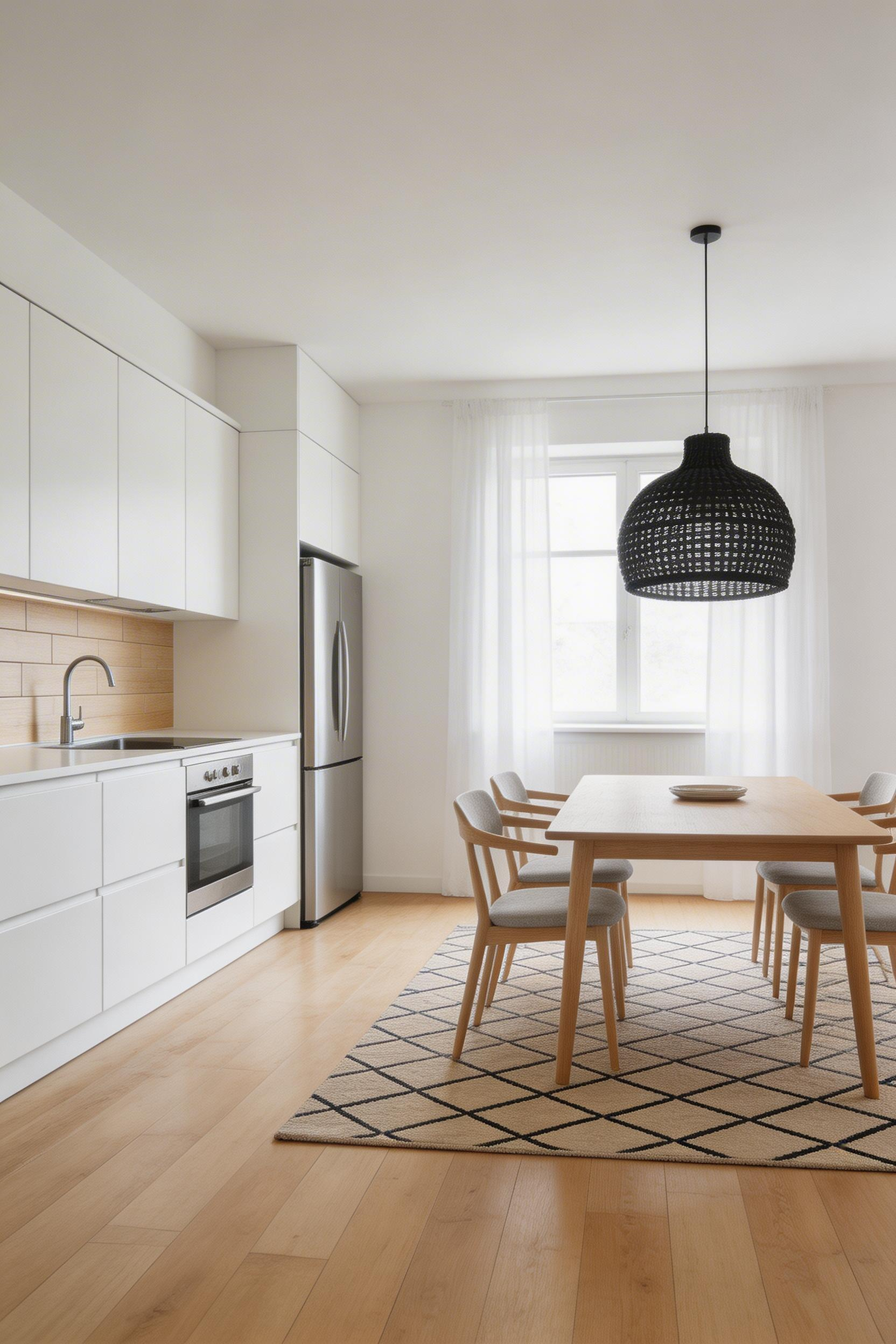 Creating a distinct dining zone in an open-plan layout is among the kitchen design tips most recommended by architects — a pendant light and rug are enough to signal the transition.