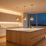 A layered kitchen lighting scheme with pendants, under-cabinet strips, and indirect uplighting illustrates what well-planned kitchen lighting ideas achieve — a space that works at full brightness for cooking and transforms to something genuinely warm for evening use.