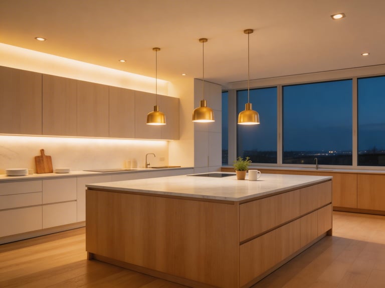 A layered kitchen lighting scheme with pendants, under-cabinet strips, and indirect uplighting illustrates what well-planned kitchen lighting ideas achieve — a space that works at full brightness for cooking and transforms to something genuinely warm for evening use.