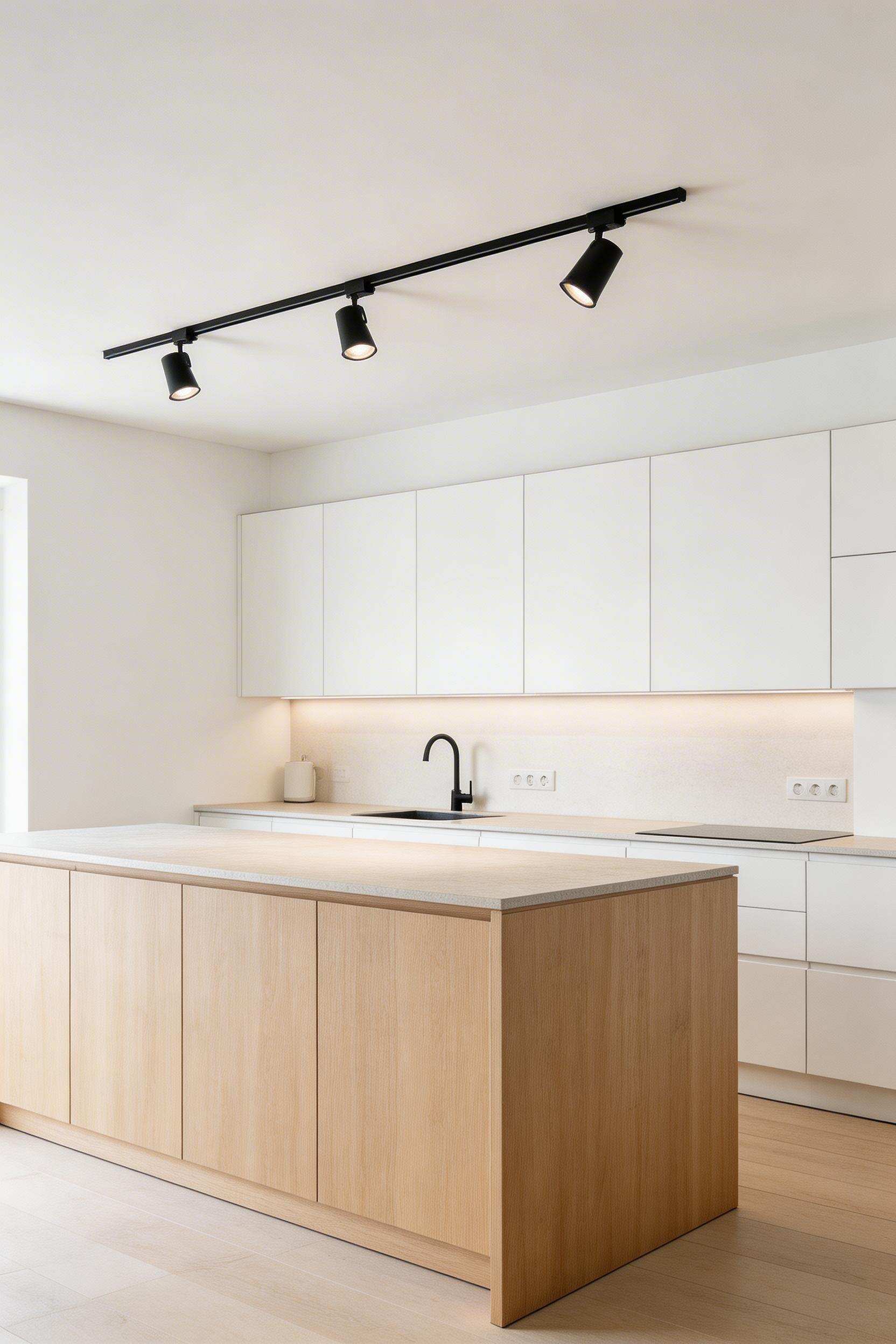 Modern track lighting systems are one of the more flexible kitchen lighting ideas — adjustable heads can be repositioned as kitchen layouts and needs evolve.