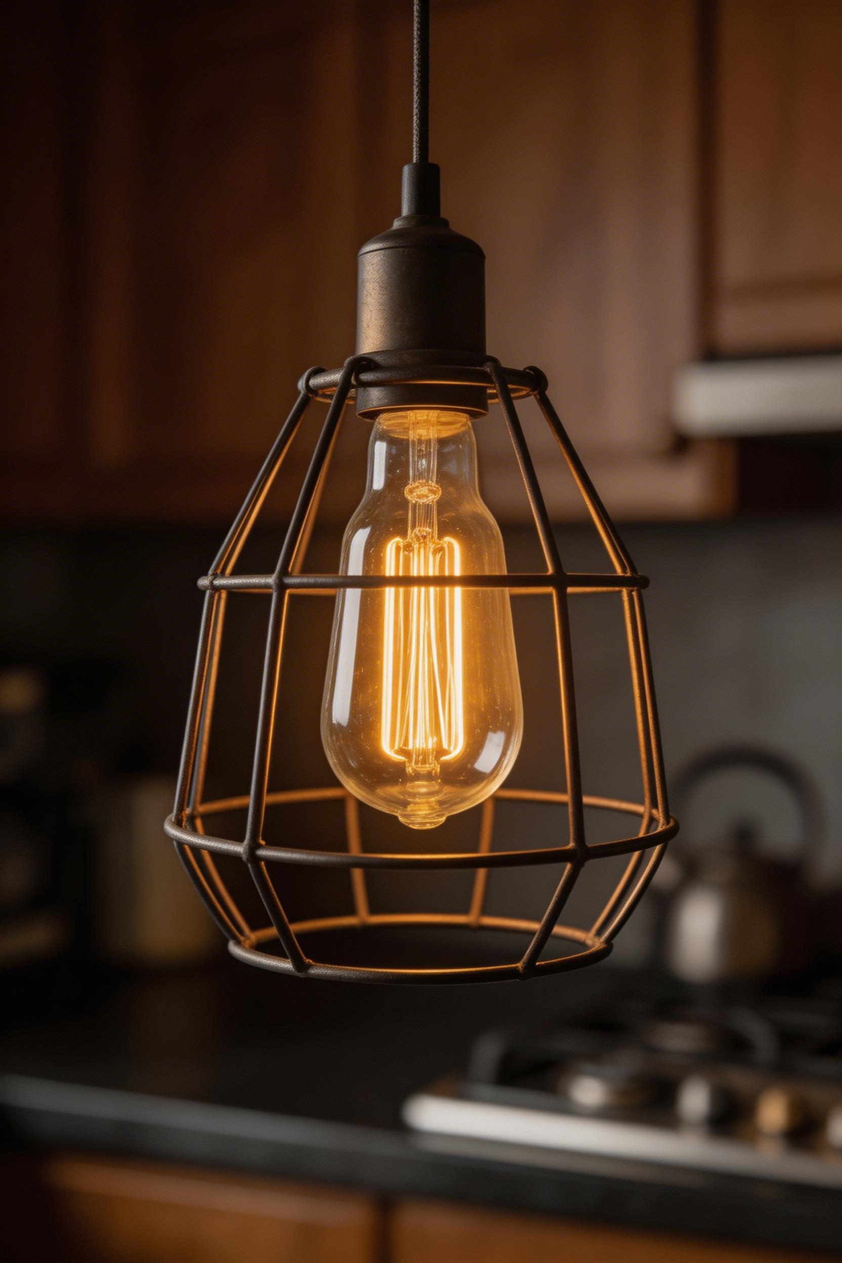 Edison filament bulbs are one of the kitchen lighting ideas best used as a mood detail rather than a primary source — their warm amber glow adds character in open pendants and glass-front cabinet fixtures.