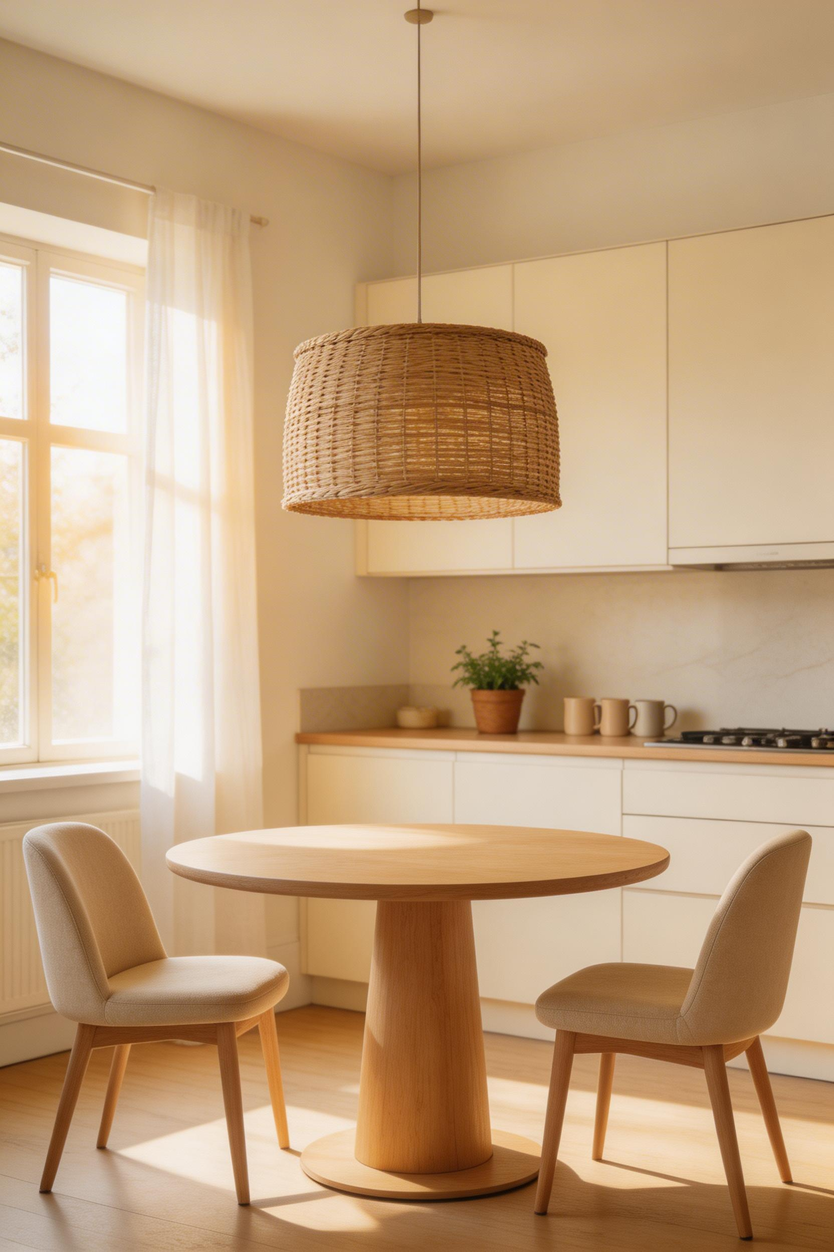 A drum pendant over the breakfast nook is one of the kitchen lighting ideas that most visibly separates the dining zone from the cooking zone in an open-plan layout.