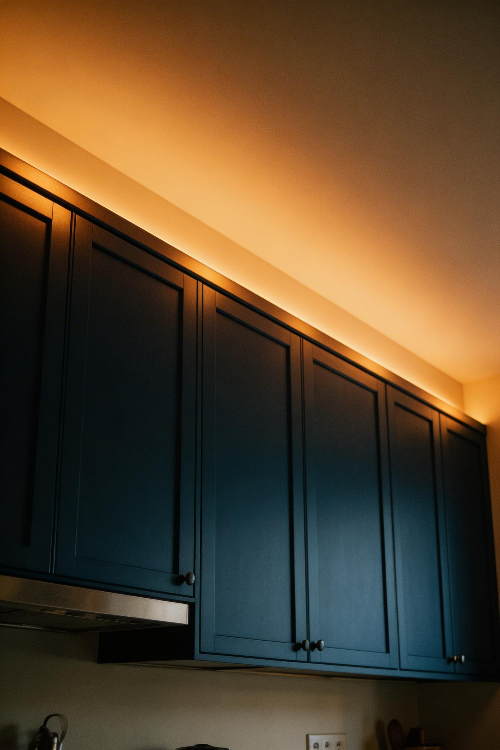 Above-cabinet LED uplighting is one of the least expensive kitchen lighting ideas and one of the most transformative — turning dead wall space into a warm, atmospheric glow.
