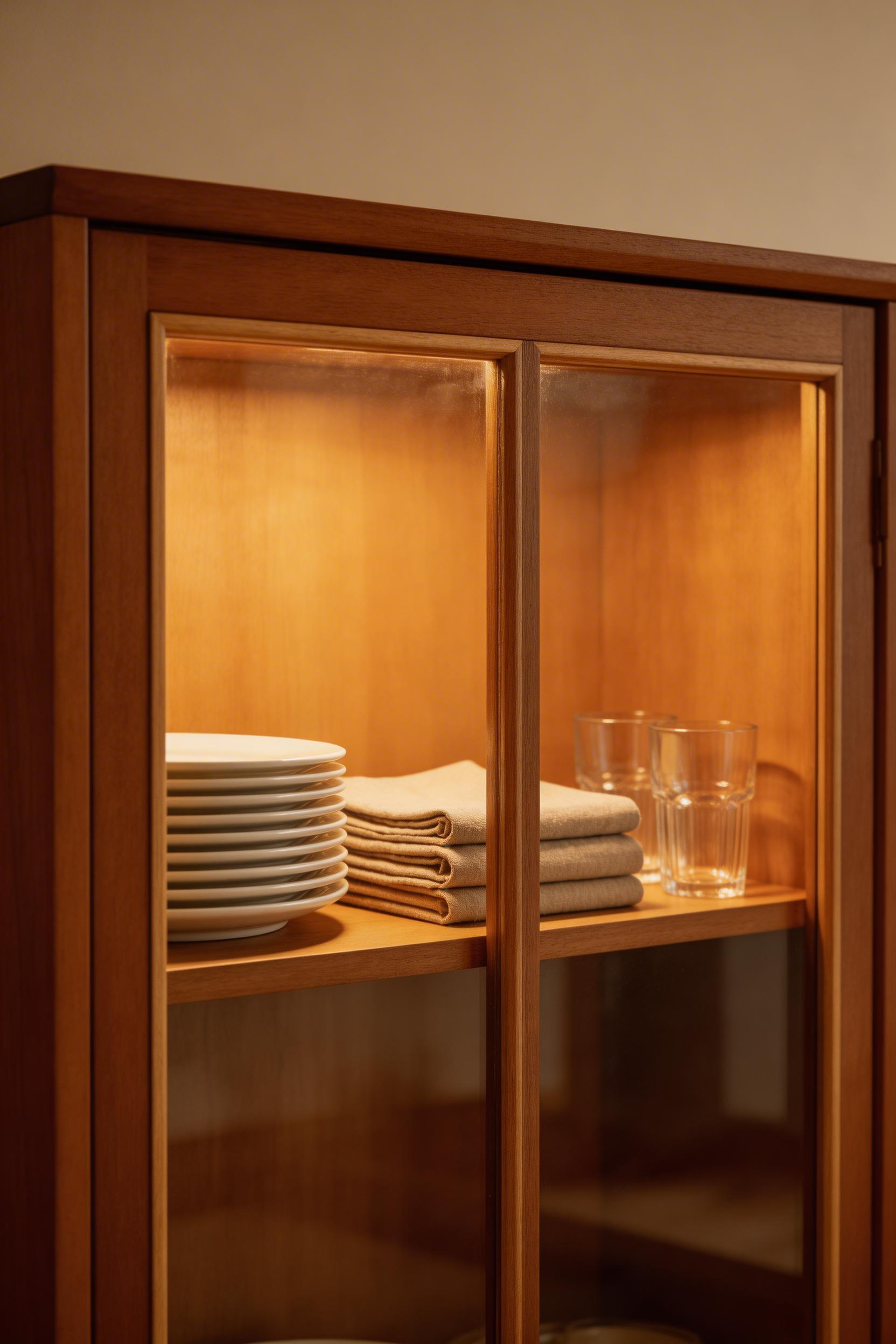 In-cabinet lighting is a kitchen lighting idea that works particularly well in glass-front or open-shelf contexts, turning everyday storage into a deliberate display.