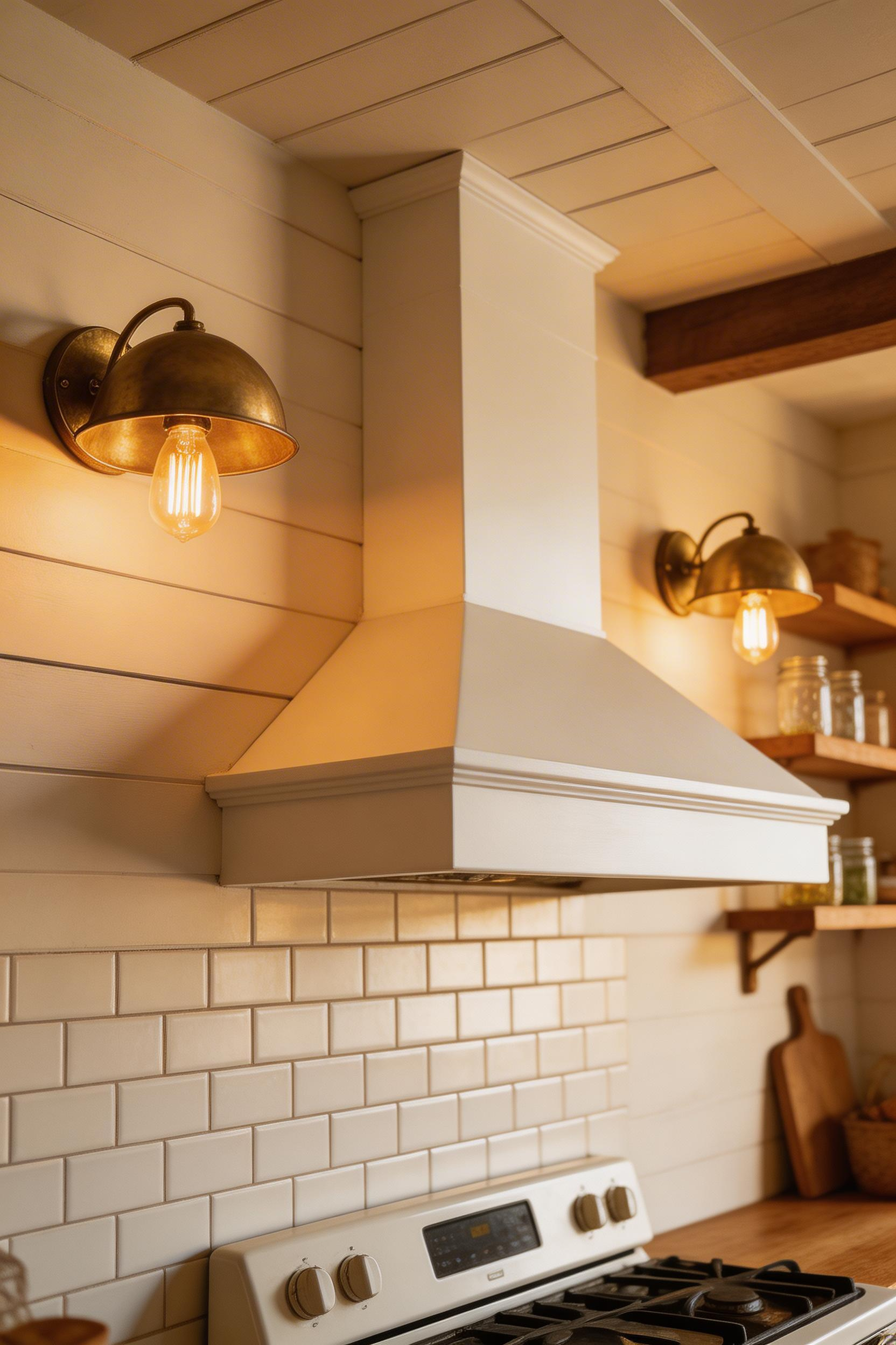 Wall sconces flanking a range hood are an unusual but genuinely effective kitchen lighting idea — the mid-height wall source adds a layer of warmth that overhead fixtures cannot achieve.