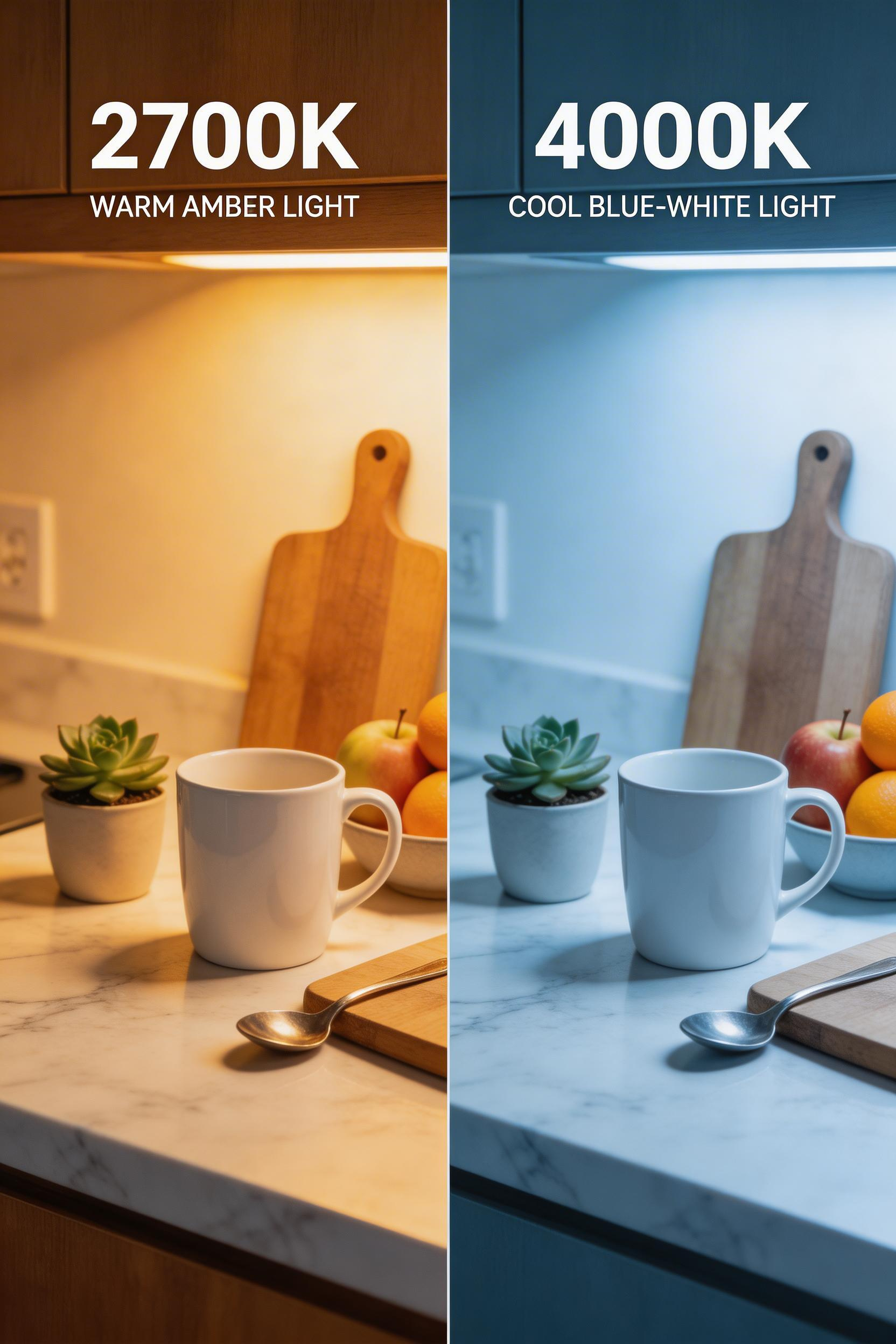 Colour temperature choice is one of the most important kitchen lighting ideas to get right — 2700K creates warmth and atmosphere while 4000K delivers crisp task clarity.