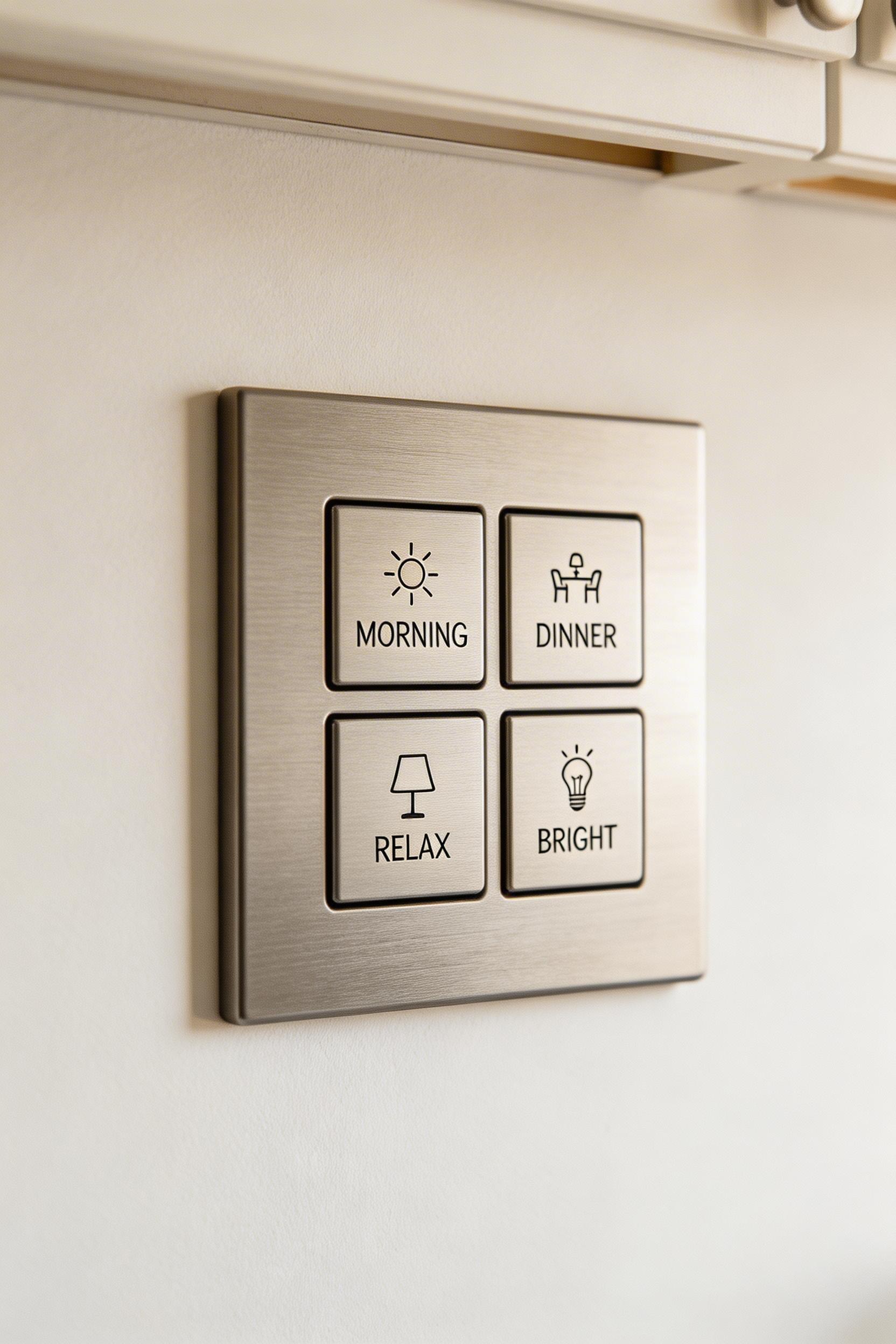 Scene presets on a smart lighting control system are one of the most practically useful kitchen lighting ideas — a single button shifts the entire room from task-focused to atmospheric.