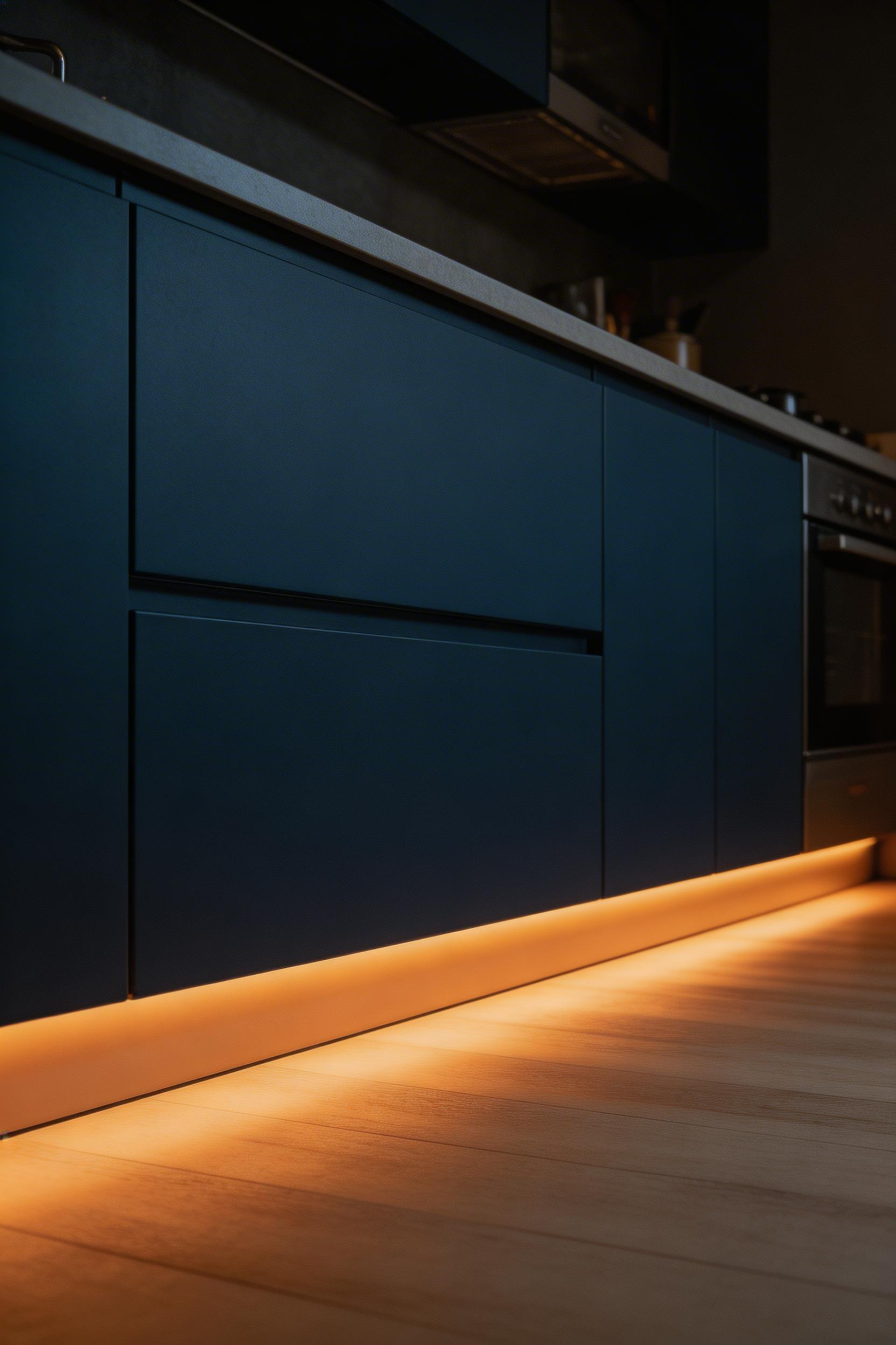Toe-kick lighting is a kitchen lighting idea borrowed from high-end hospitality design — the subtle floor-level glow creates depth and a floating cabinet effect that works particularly well in dark kitchens.
