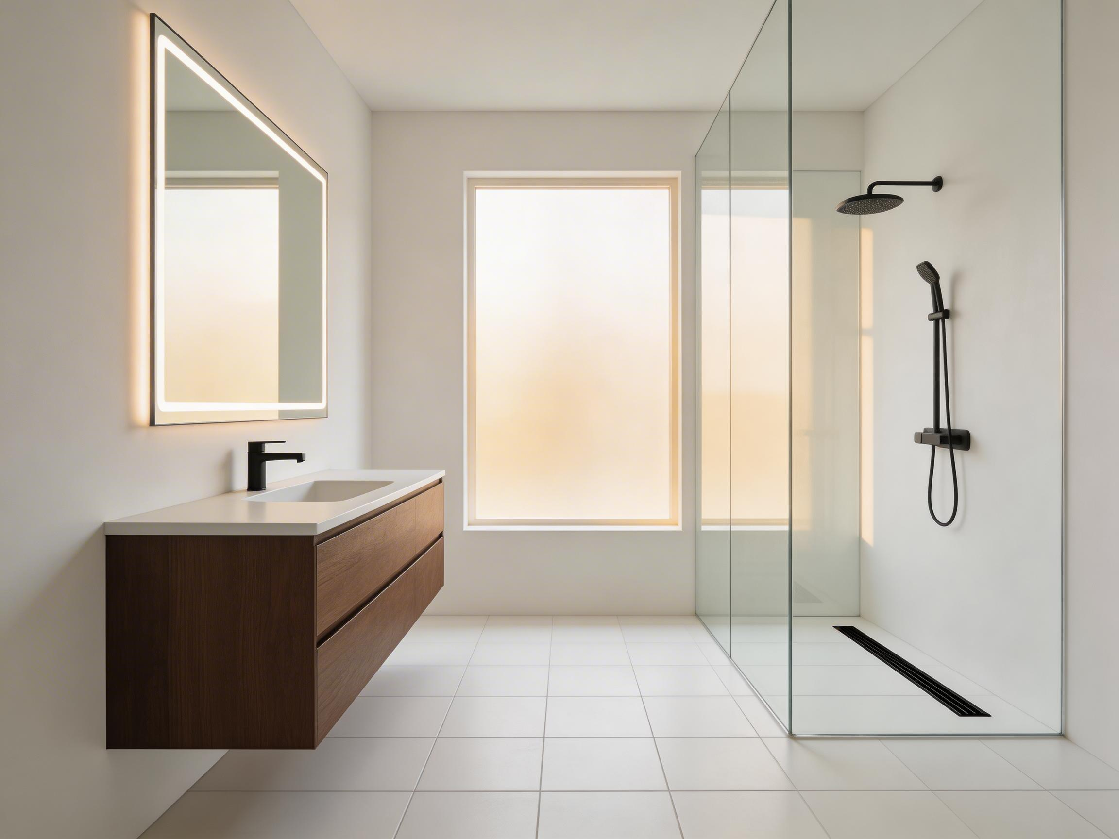 A contemporary bathroom remodel realised across every major element — floating vanity, large-format tile, frameless shower, and LED mirror — showing how the individual decisions work together as a coherent whole.