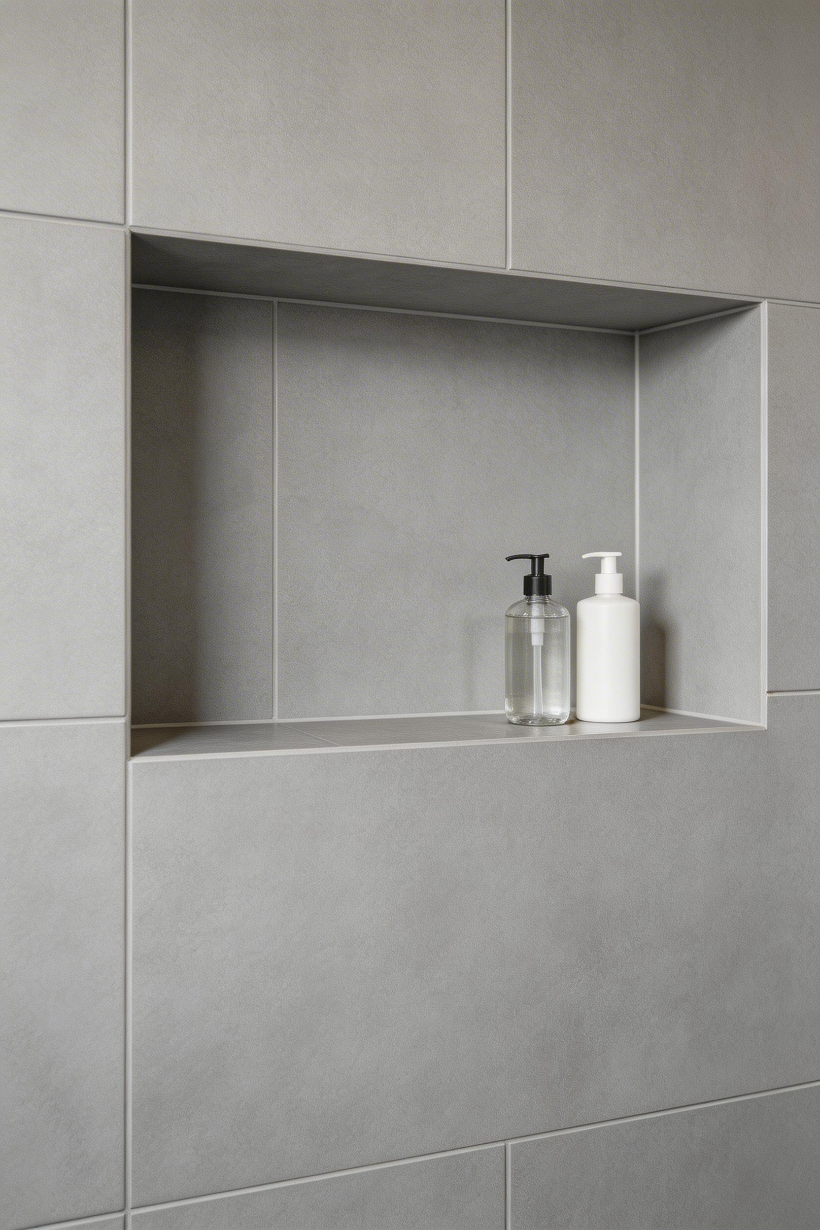 A recessed shower niche built into the wall removes the need for corner caddies and maintains the clean visual language of a contemporary bathroom remodel.
