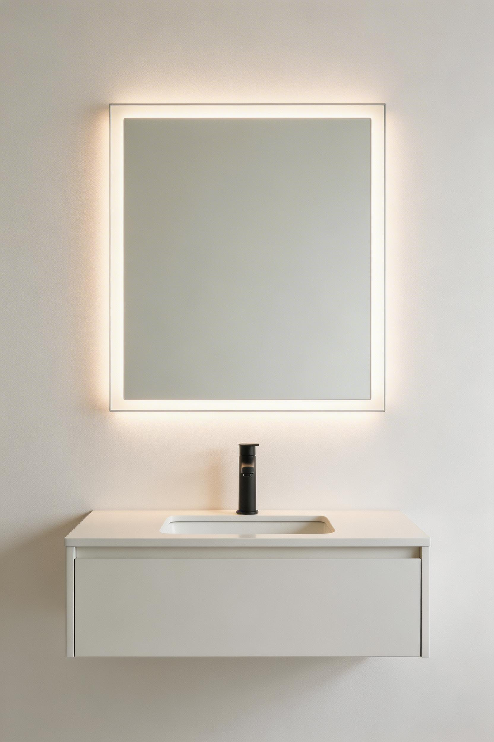 An integrated LED mirror cabinet brings face-height task lighting and hidden storage together — a functional upgrade at the centre of any contemporary bathroom remodel.