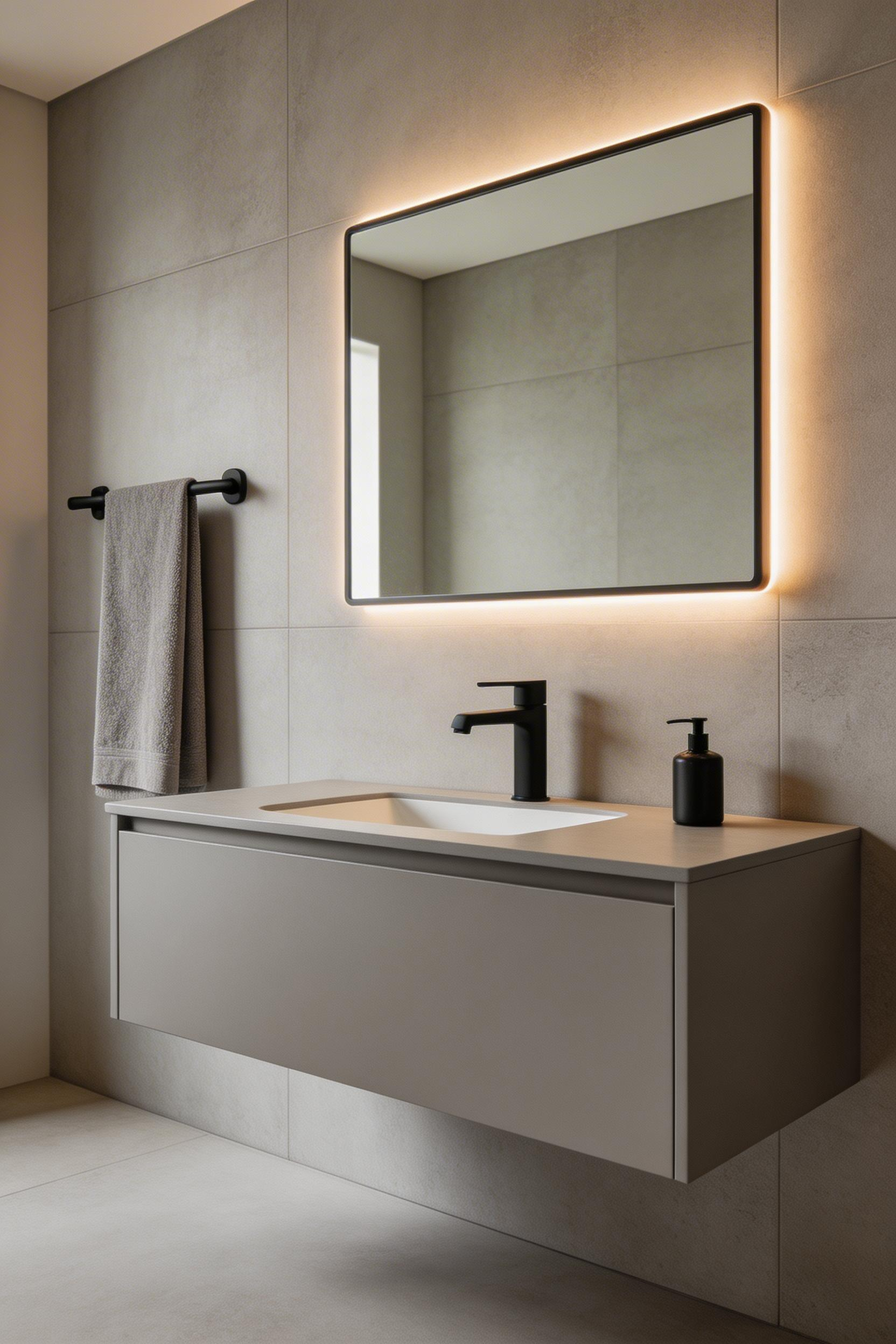Concrete-effect surfaces bring the industrial warmth of the look to a contemporary bathroom remodel without the sealing and maintenance demands of real concrete.