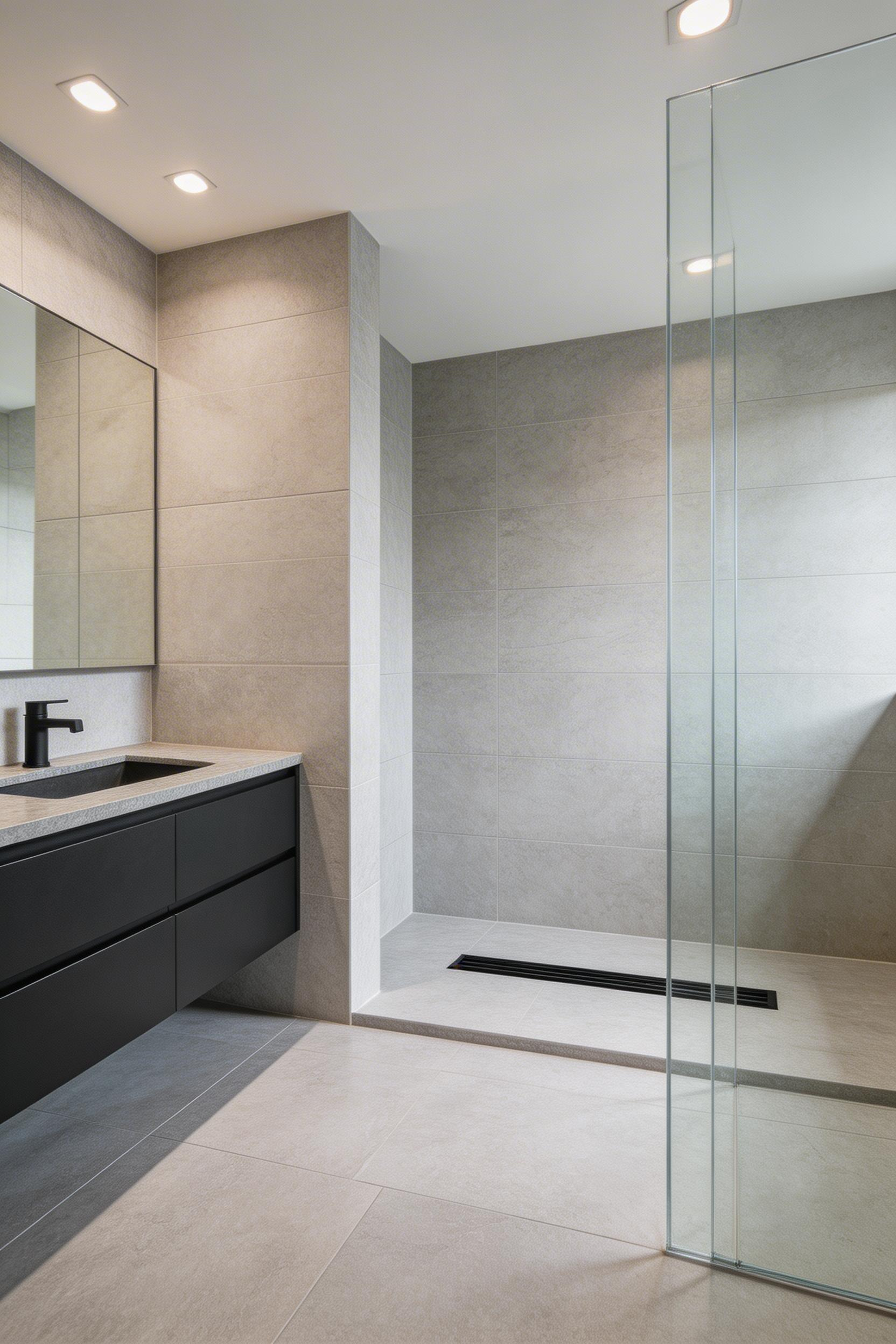 A curbless shower entry extends the floor plane continuously into the shower — both an accessibility feature and a key visual move in contemporary bathroom remodel design.