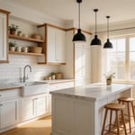 A complete white kitchen remodel with Scandinavian warmth — marble countertops, natural wood, pendant lighting, and farmhouse sink create timeless Nordic elegance.