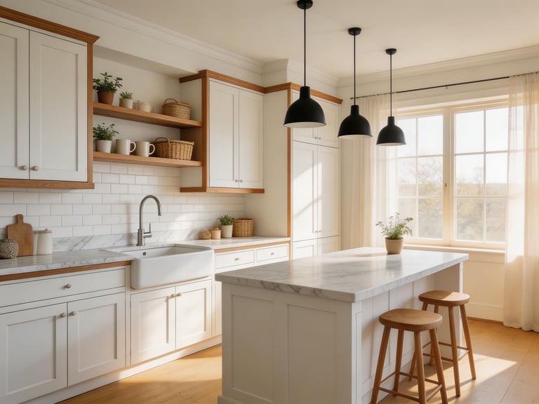 A complete white kitchen remodel with Scandinavian warmth — marble countertops, natural wood, pendant lighting, and farmhouse sink create timeless Nordic elegance.