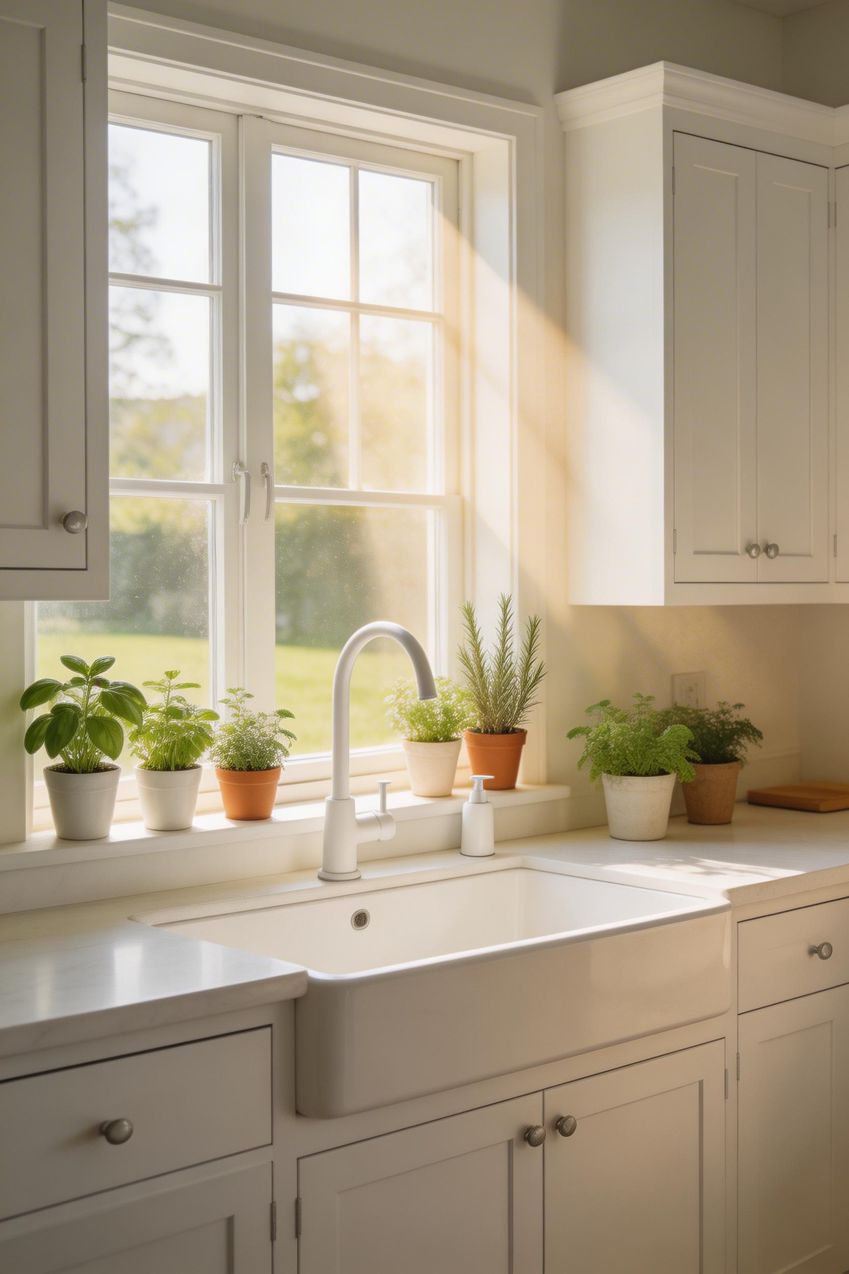 A generous casement window above the sink floods white cabinetry with morning light, making the entire kitchen feel luminous.
