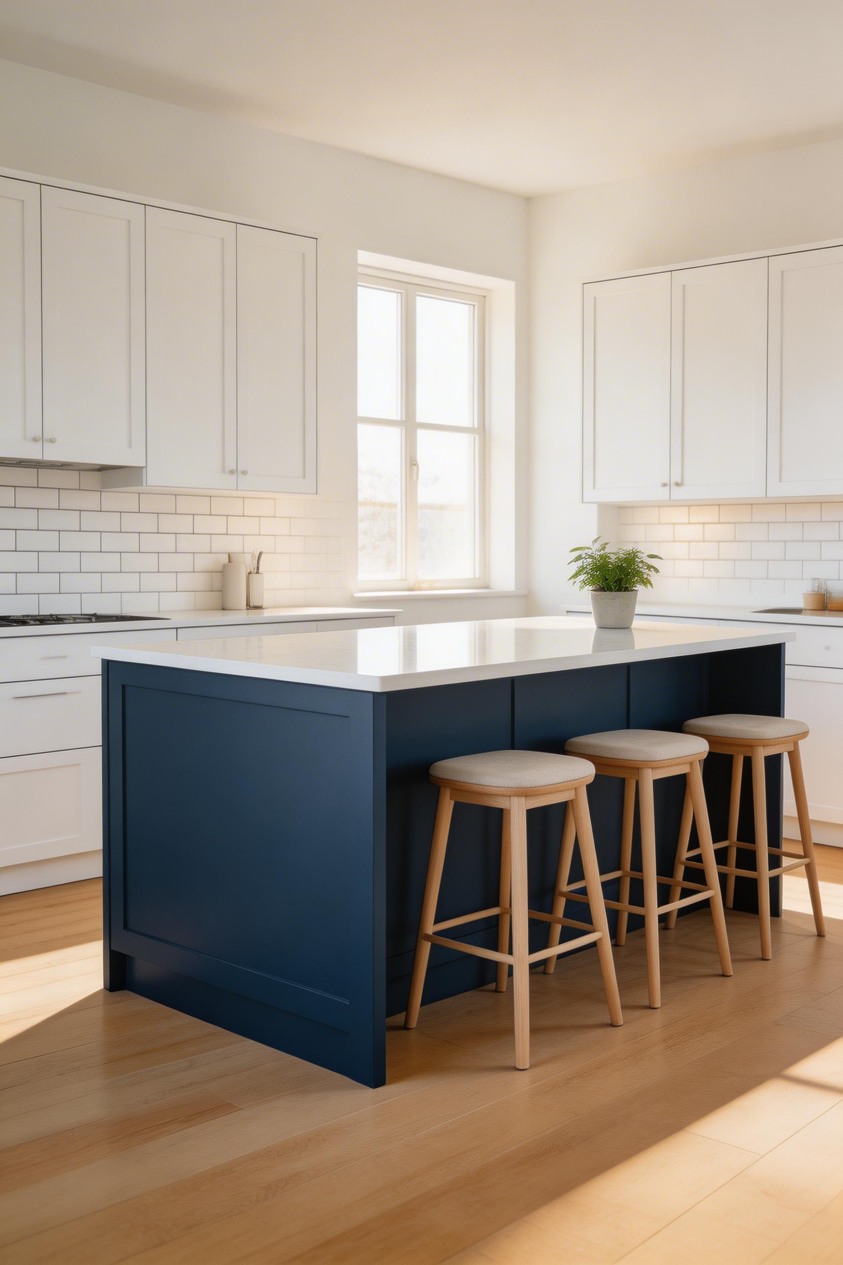 A navy blue island creates a striking focal point against white surrounding cabinetry, anchoring the kitchen with Nordic sophistication.