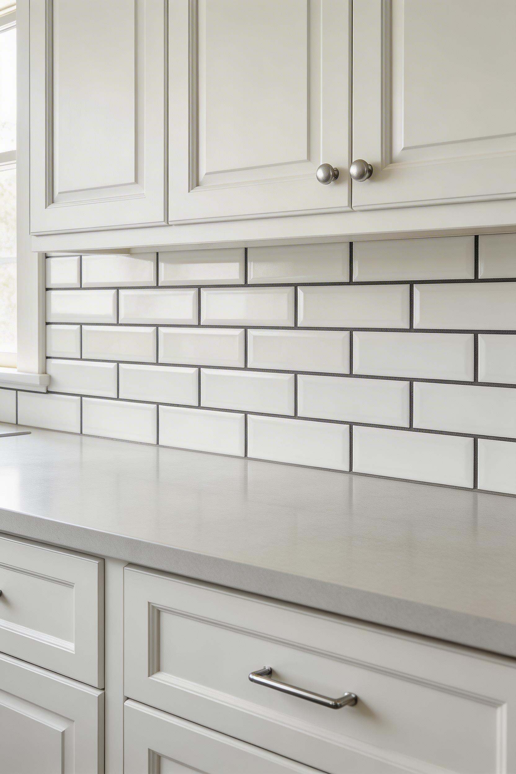 Classic white subway tile in running bond pattern with charcoal grout delivers timeless contrast in a bright white kitchen.