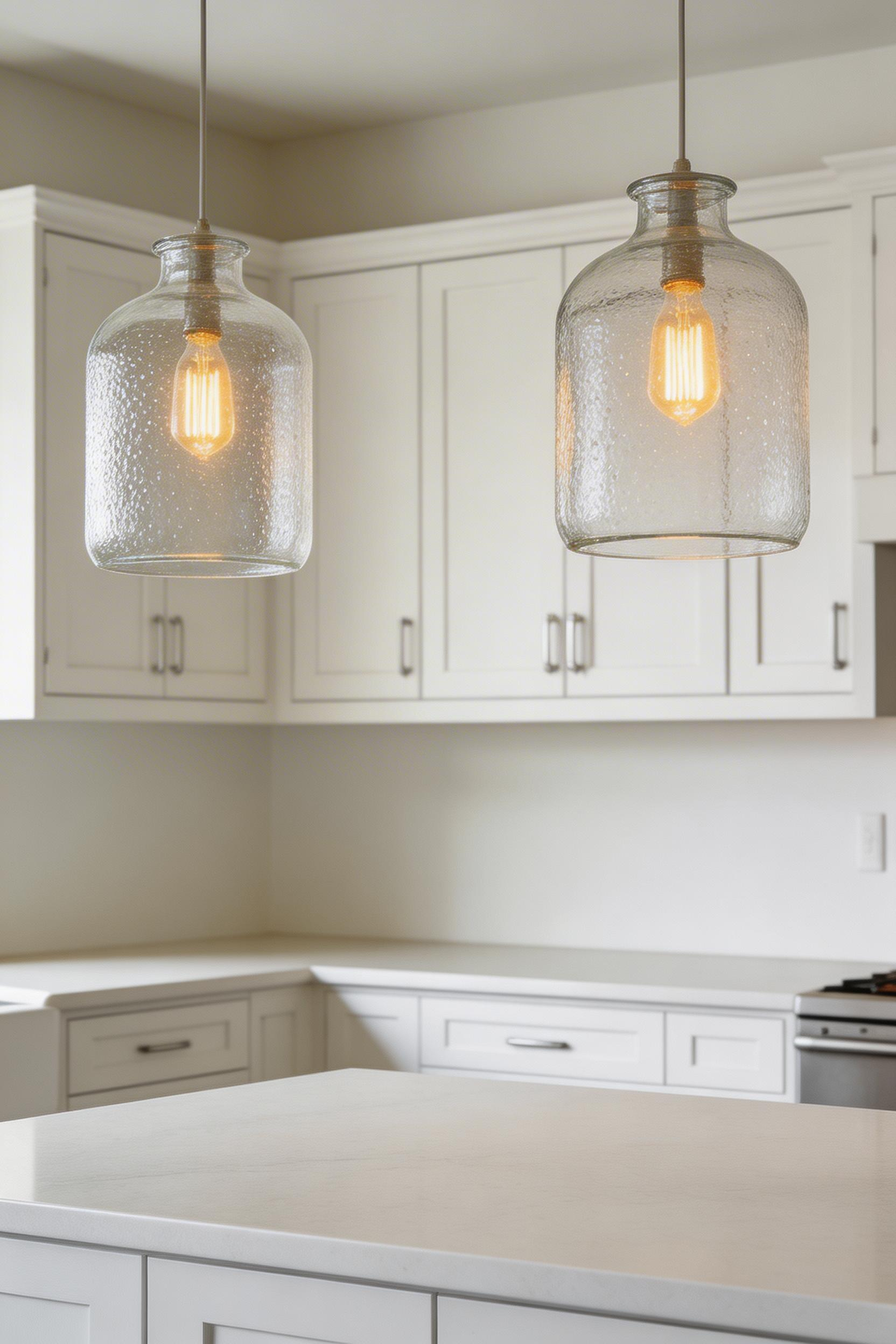 Clear seeded glass pendants at correct height (32 inches above counter) bring sculptural presence to a white kitchen island.