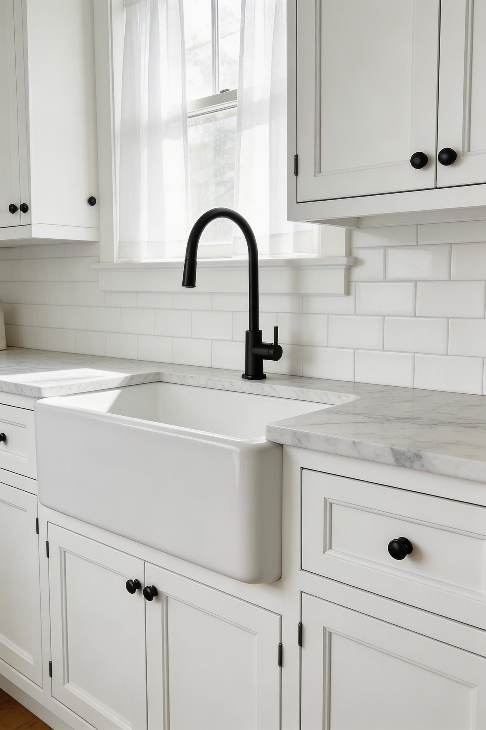 A white fireclay farmhouse sink becomes the undeniable focal point of this white kitchen remodel, combining function and character.