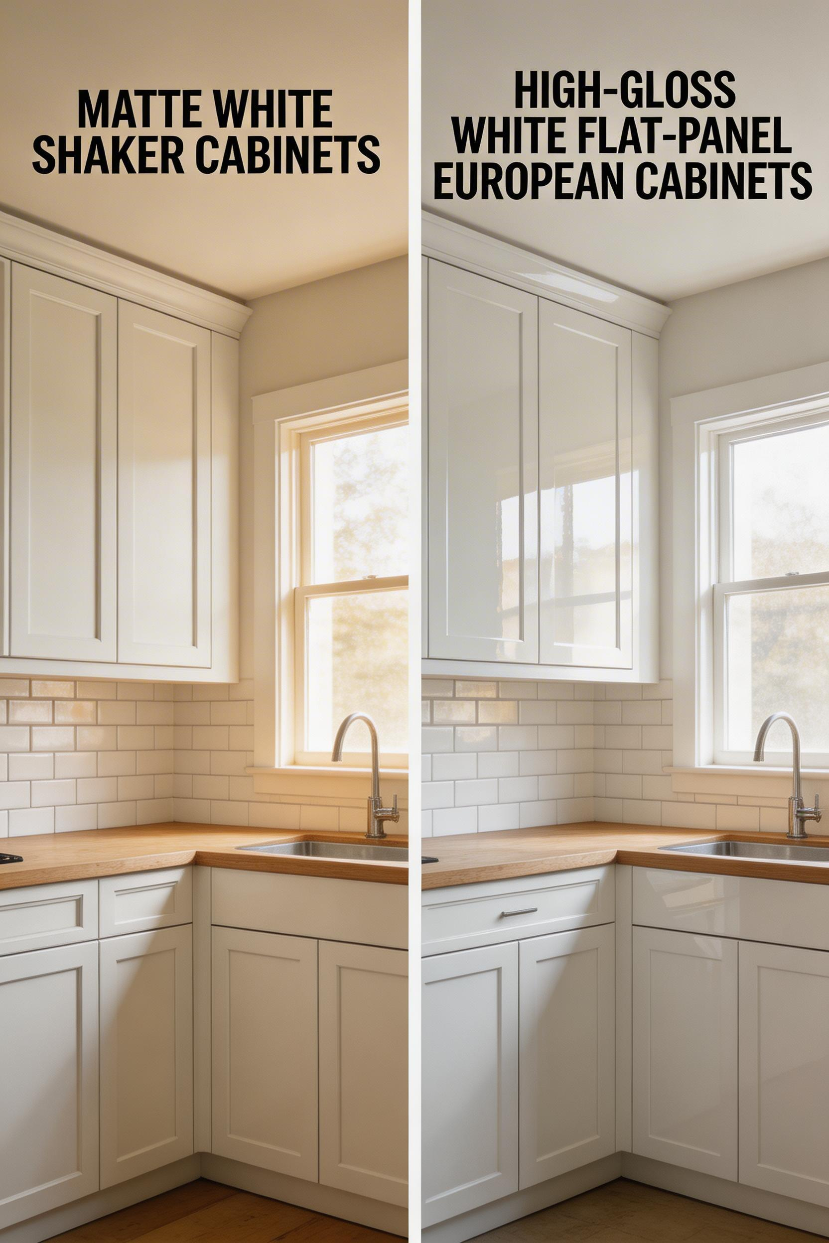 Matte white shaker and high-gloss flat-panel cabinets represent two distinct characters within the white kitchen palette.