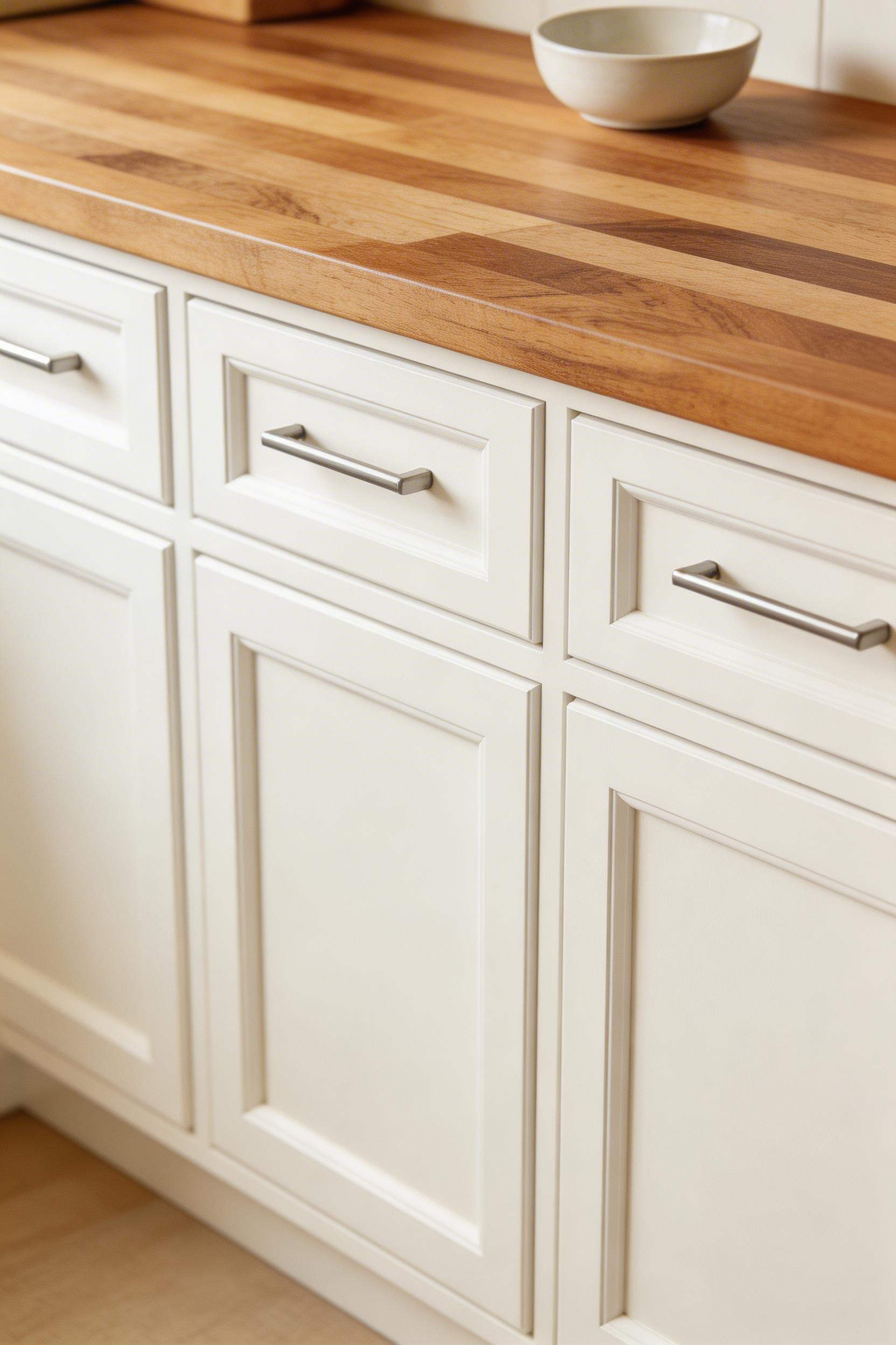 A butcher block countertop replacement transforms white kitchen cabinets with warmth and natural material at a budget-friendly price point.