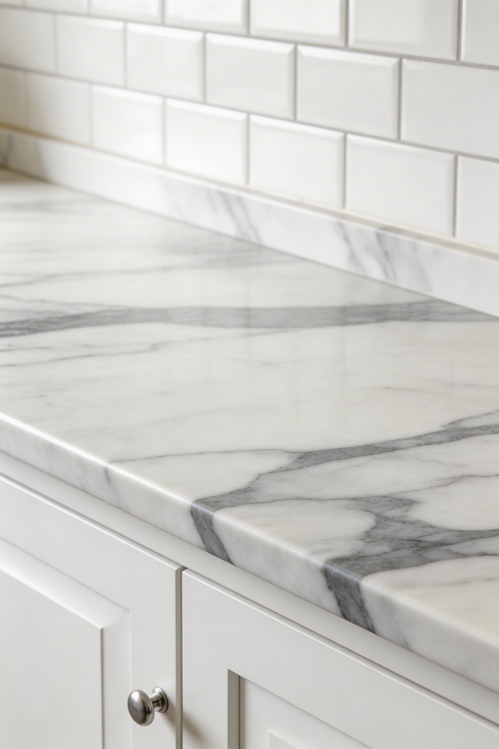 Calacatta marble countertops with dramatic grey veining create understated luxury against white shaker cabinetry.