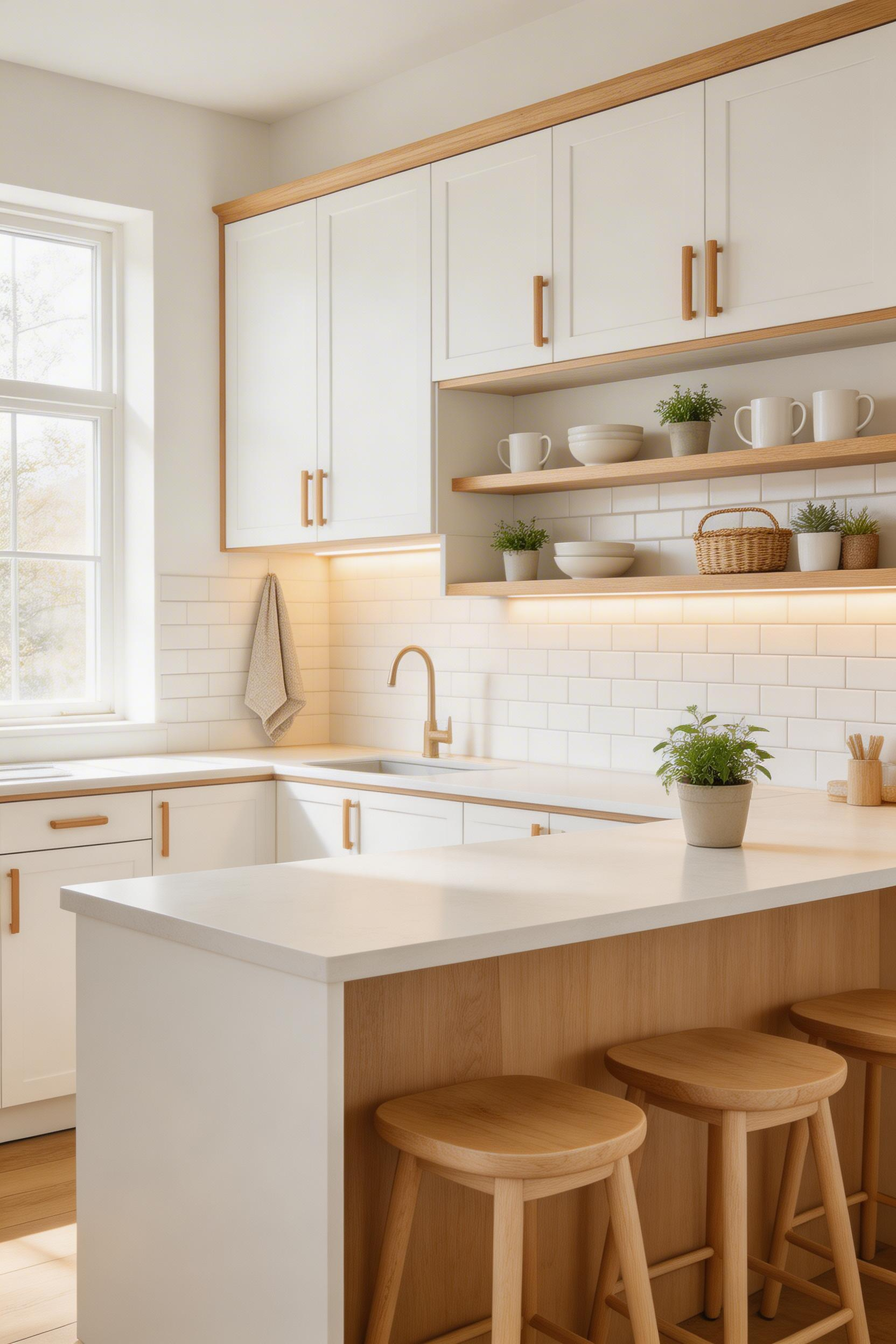 White oak bar stools and shelving introduce Scandinavian warmth, preventing the all-white kitchen from feeling cold or sterile.