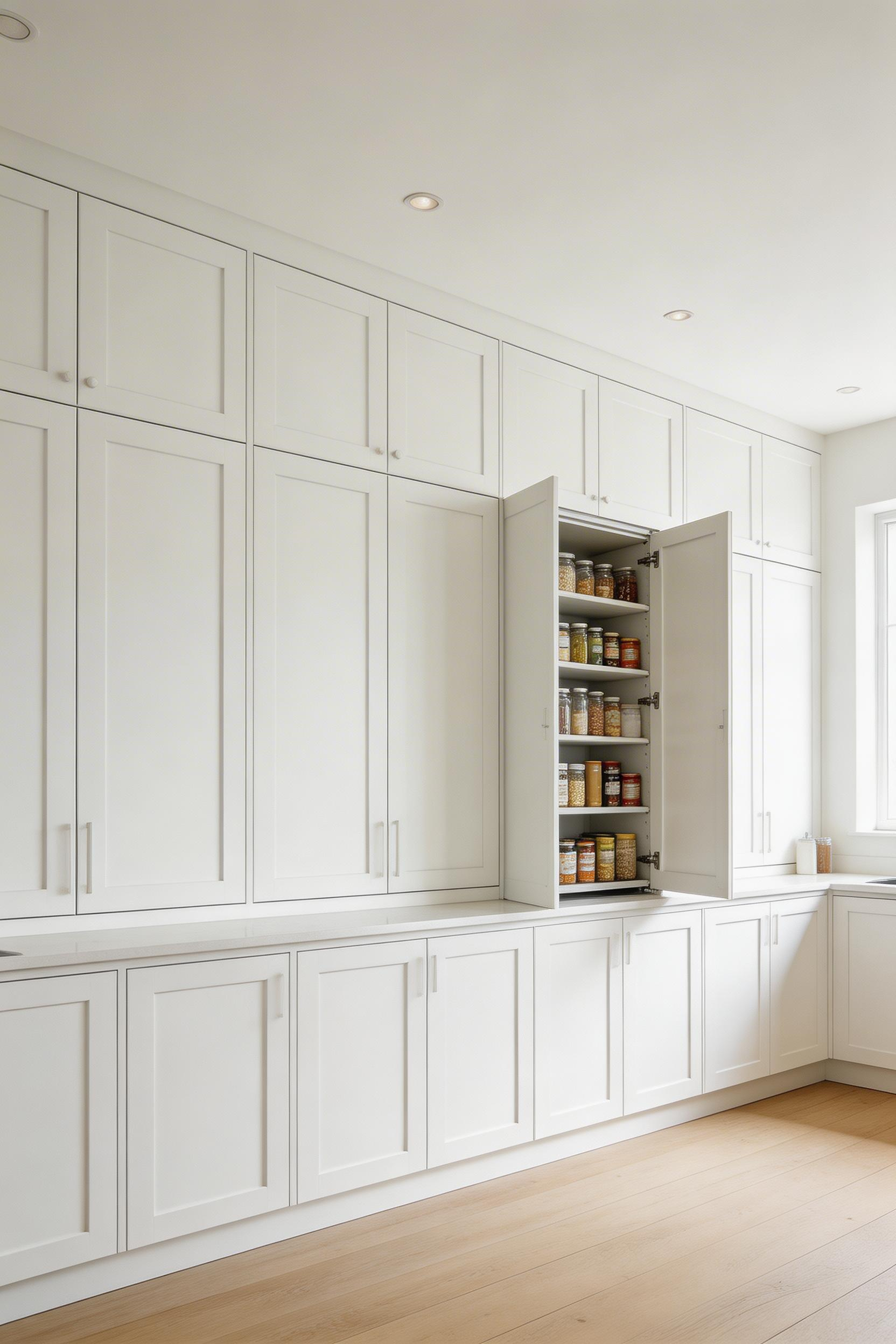 Floor-to-ceiling white cabinetry eliminates dead space and creates a streamlined, architectural kitchen with maximum storage.